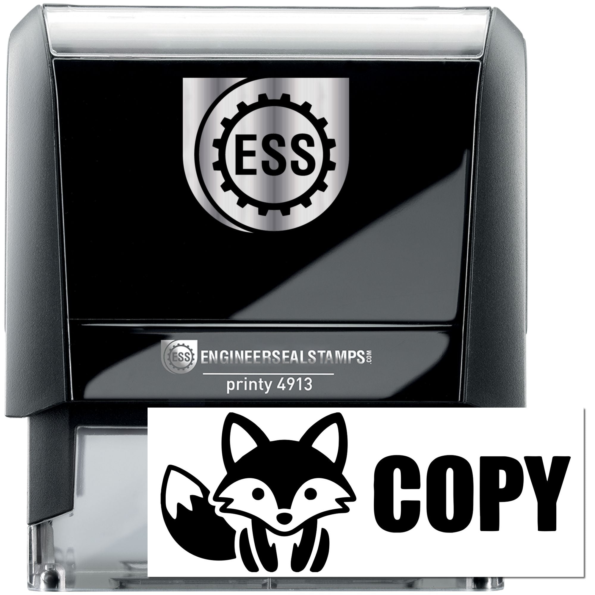 Black self-inking stamp and seal with silver ESS logo, white COPY fox graphic, and gray casing.