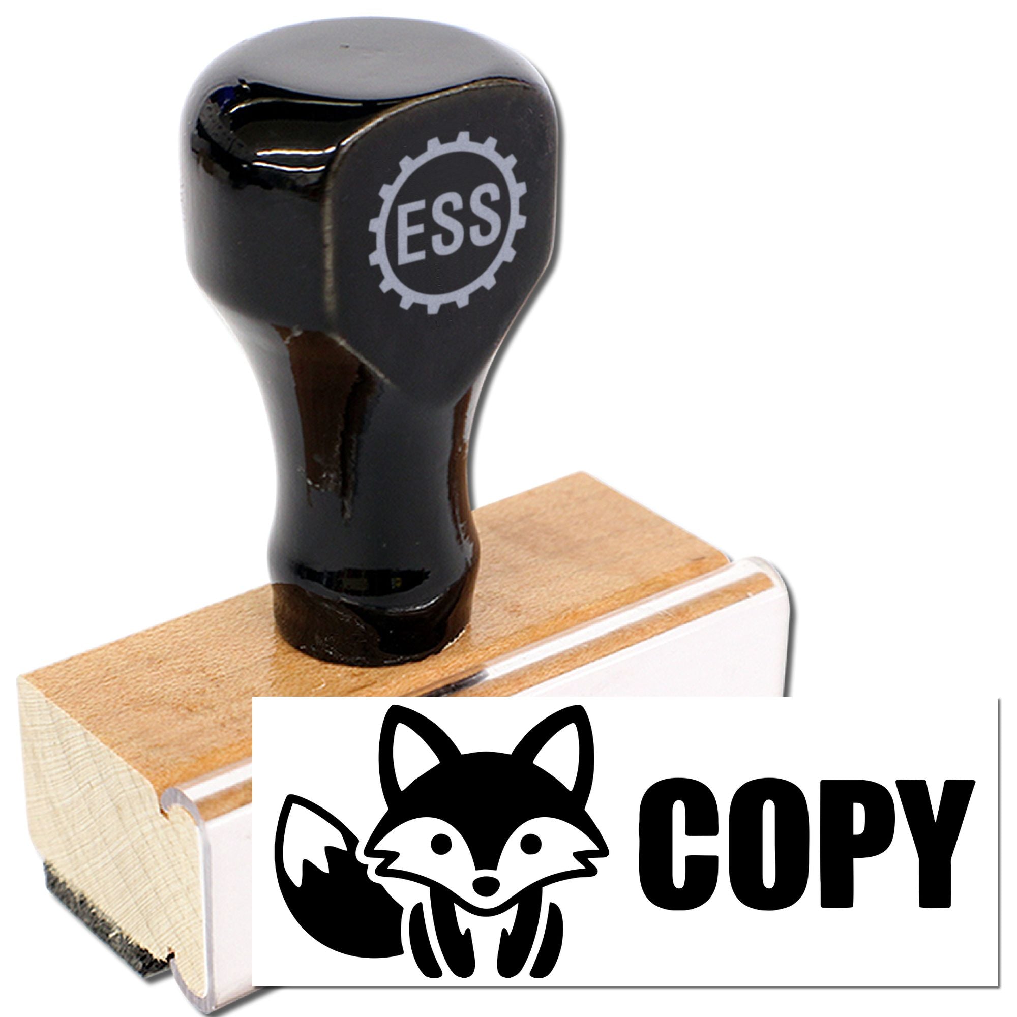 Black self-inking stamp and seal with wooden base, white fox logo and COPY imprint