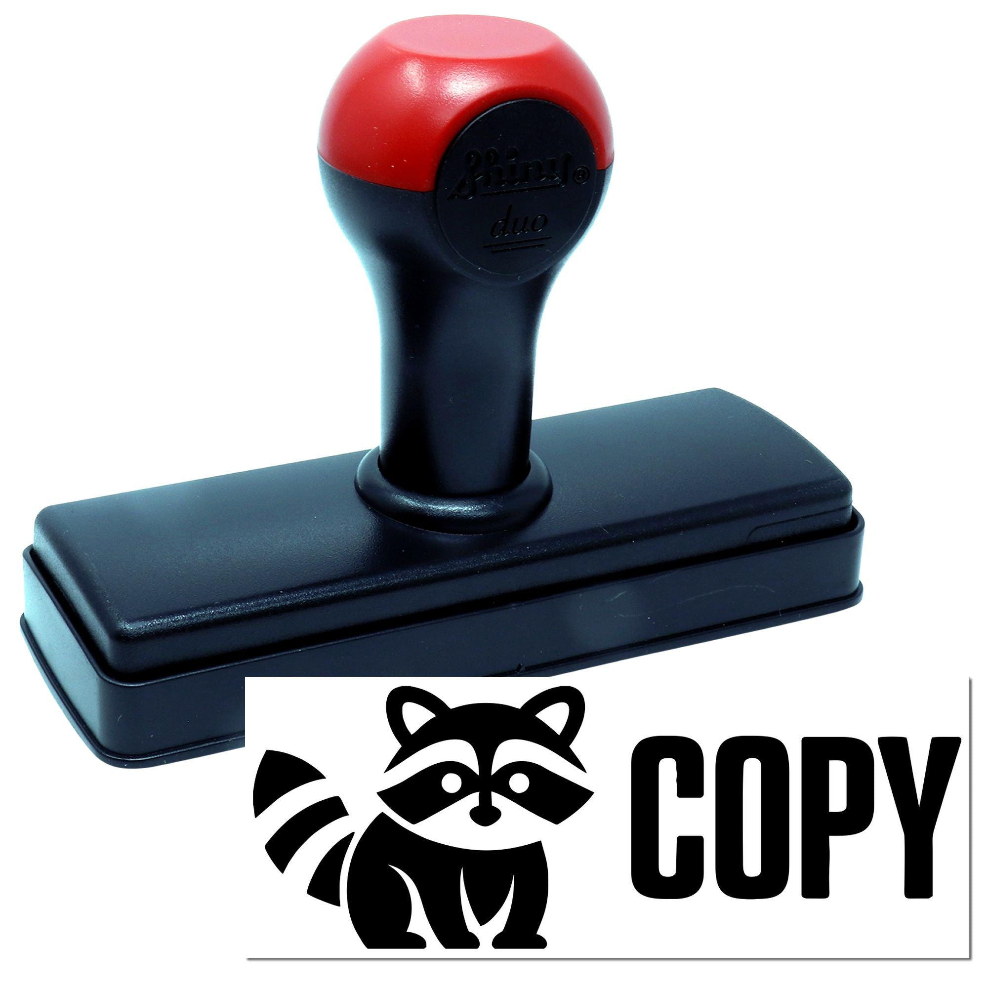 Red-and-black self-inking stamp and seal with COPY raccoon logo.