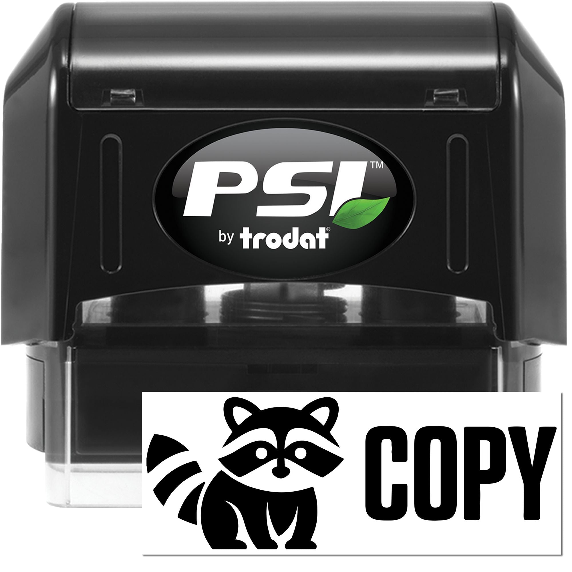 Black PSI by Trodat self-inking stamp with green leaf logo, plus a white COPY seal card with raccoon icon