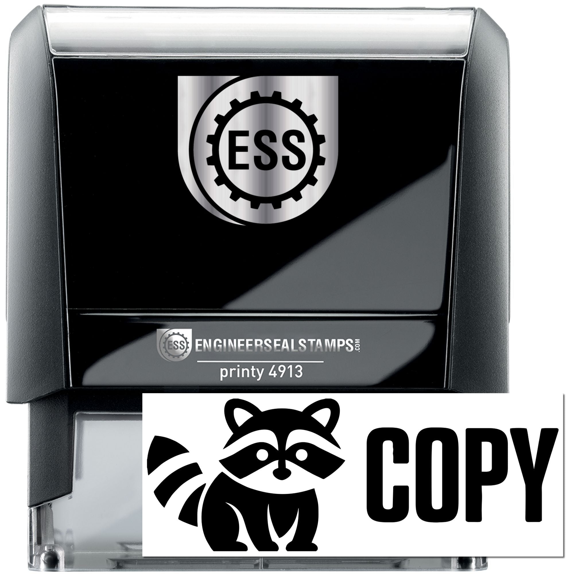 Black self-inking engineer seal stamp with ESS logo and COPY raccoon design on clear case