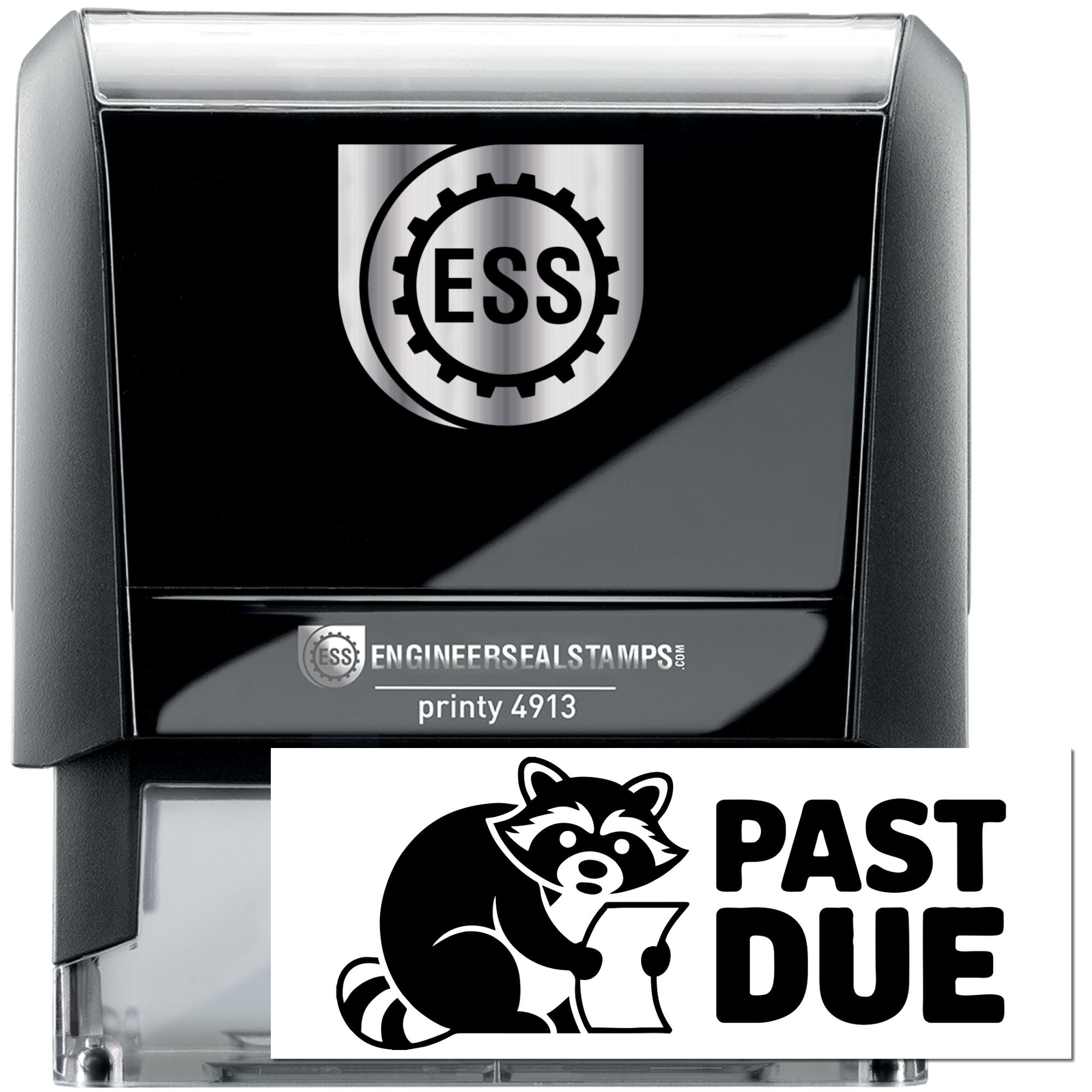 Black and gray ESS self-inking stamp and seal with PAST DUE raccoon design and Printy 4913 label.