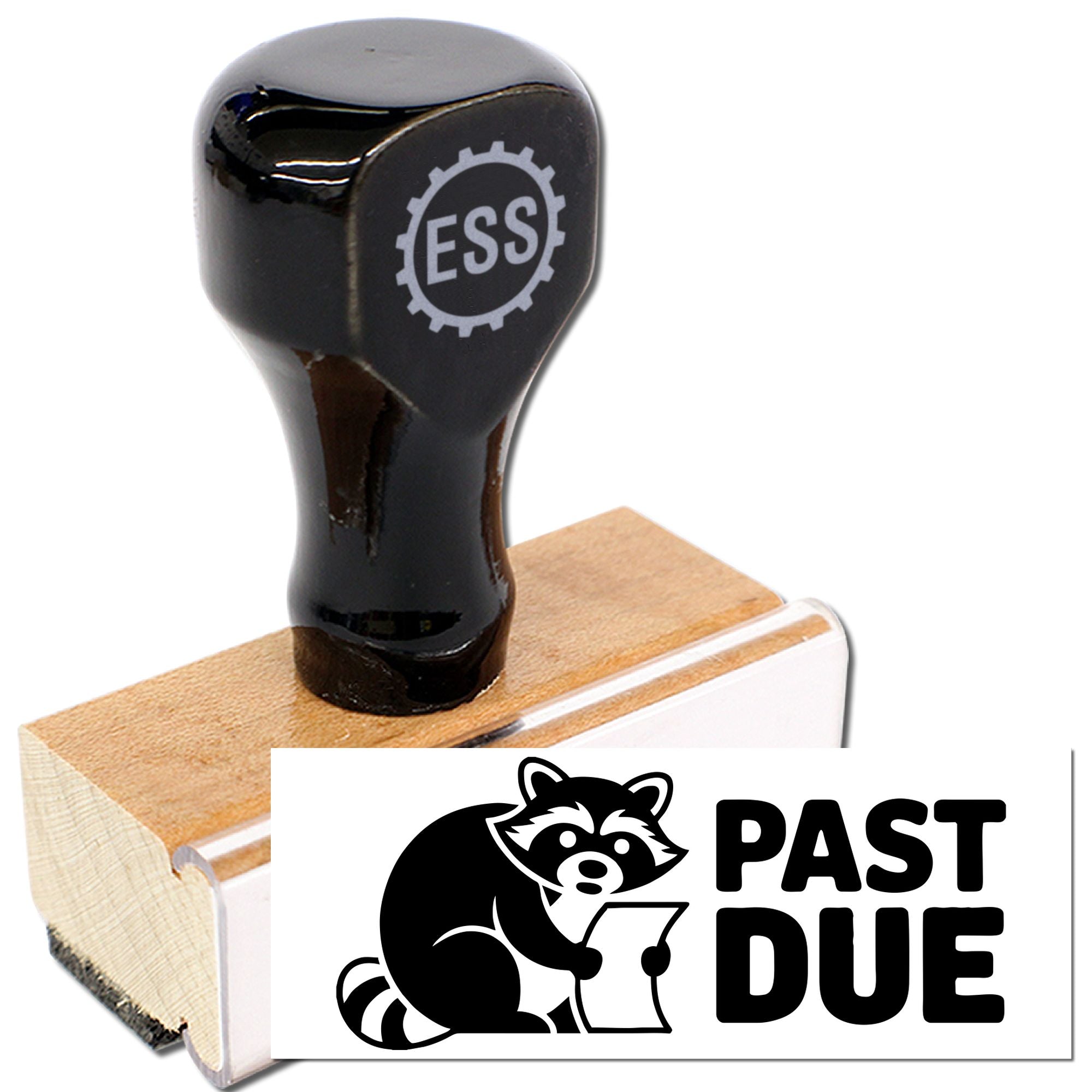 Black stamp and seal on wood base with white and black PAST DUE raccoon design.