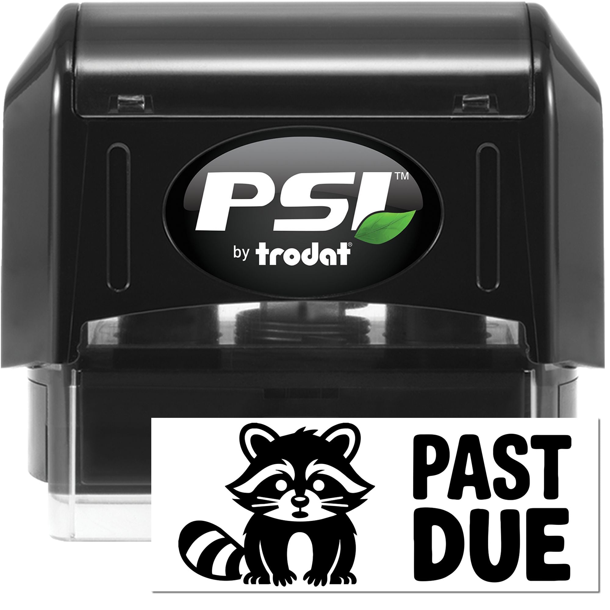 Black PSI by Trodat self-inking stamp and seal with raccoon icon and bold PAST DUE text on white label.