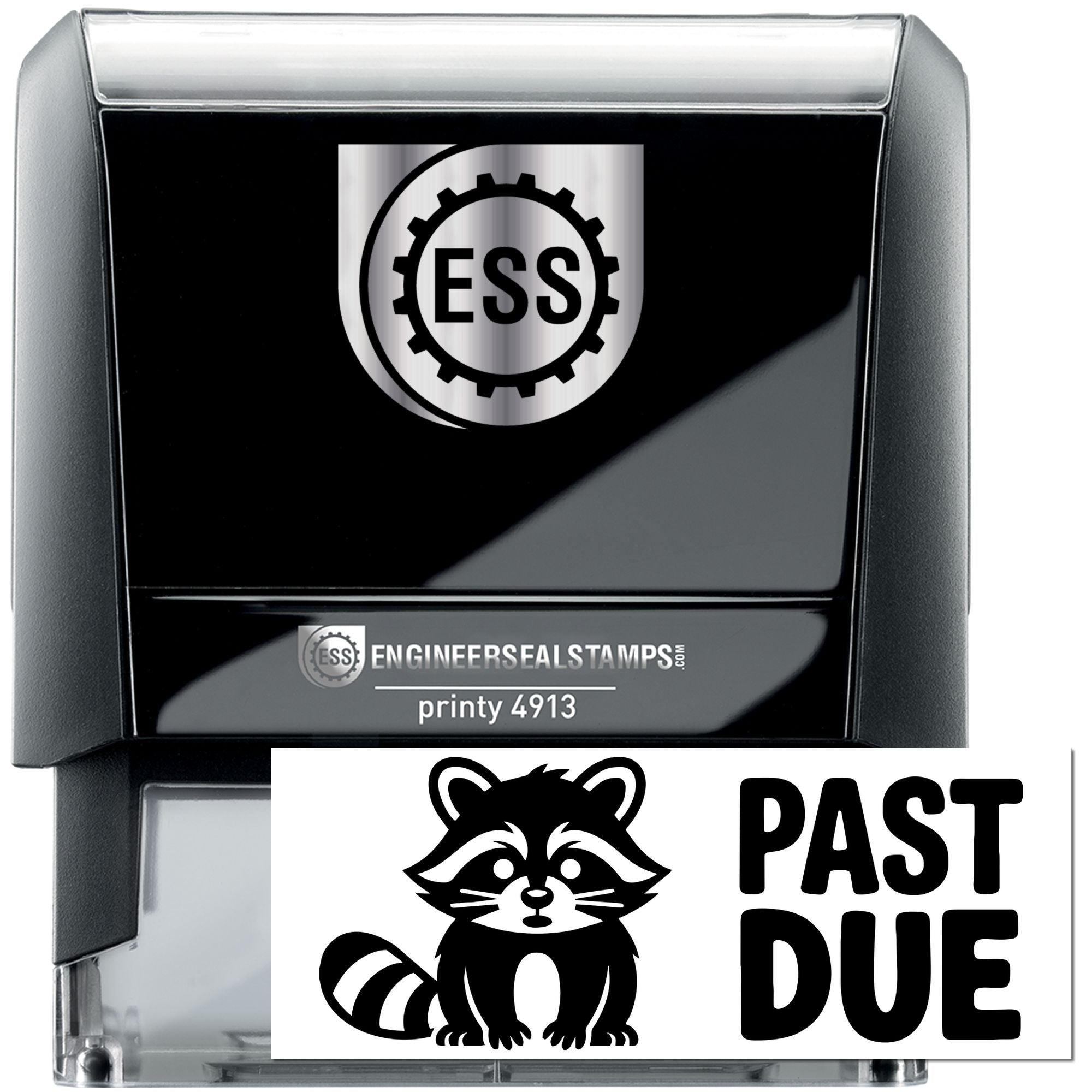 Black and silver self-inking ESS stamp and seal with PAST DUE raccoon graphic and bold black text