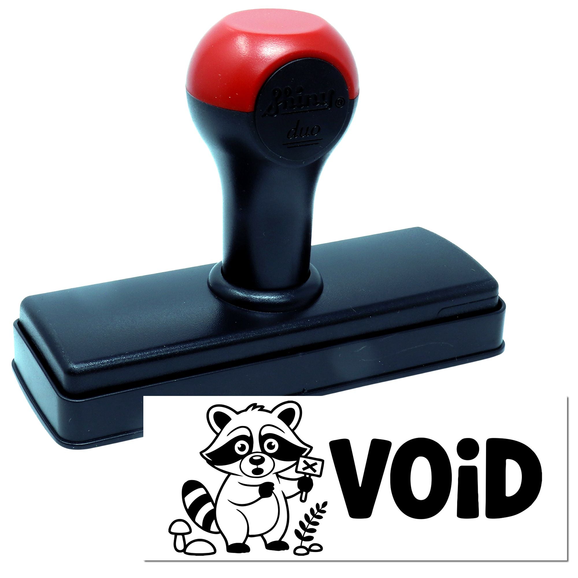 Red and black self-inking stamp and seal with raccoon VOID imprint