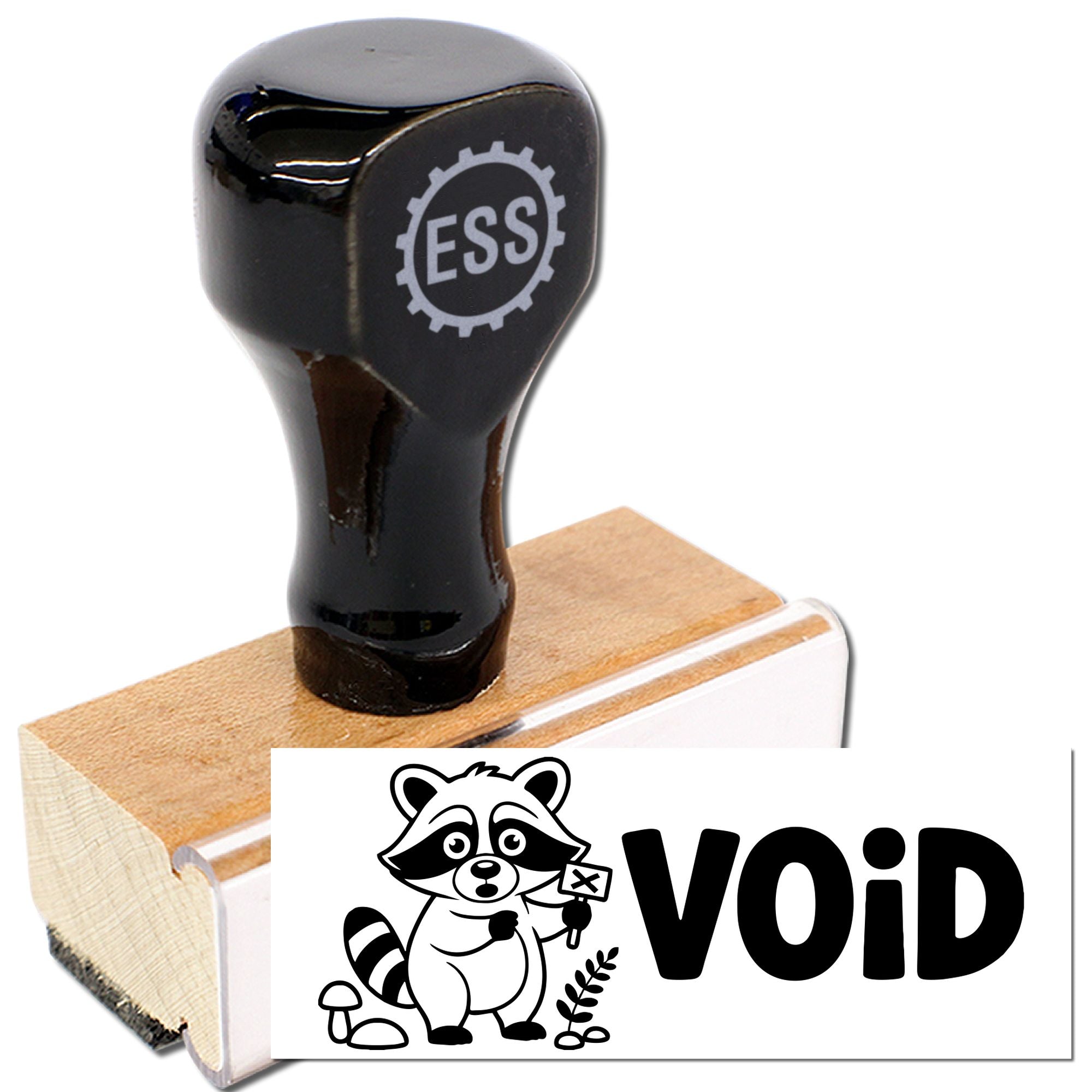 Black ESS stamp seal on a wood handle with a white VOID imprint card and raccoon graphic, black and tan details