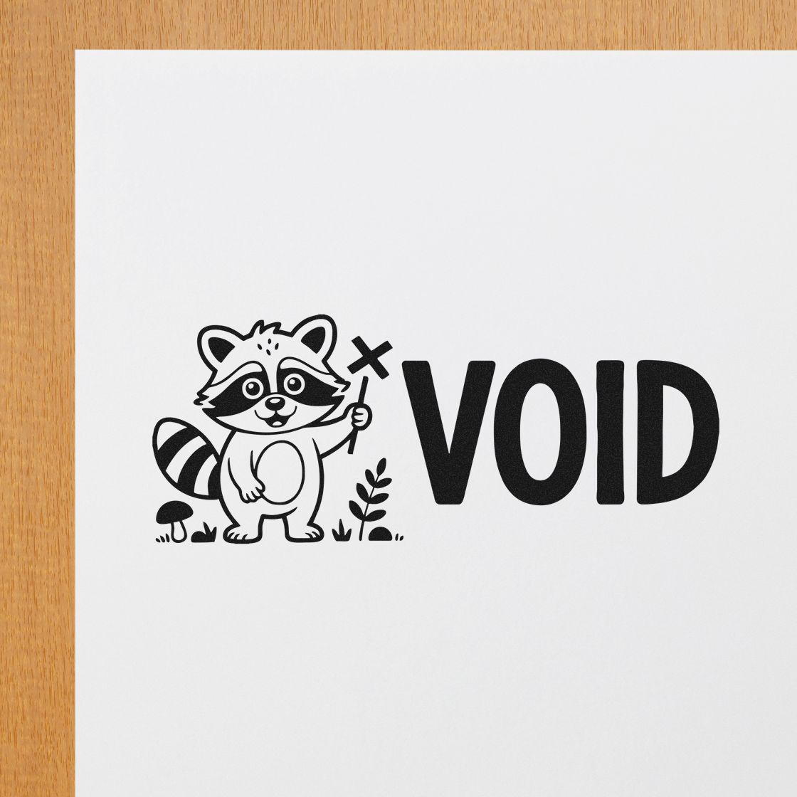 Black raccoon VOID stamp seal design with bold black text on white paper and small nature accents.