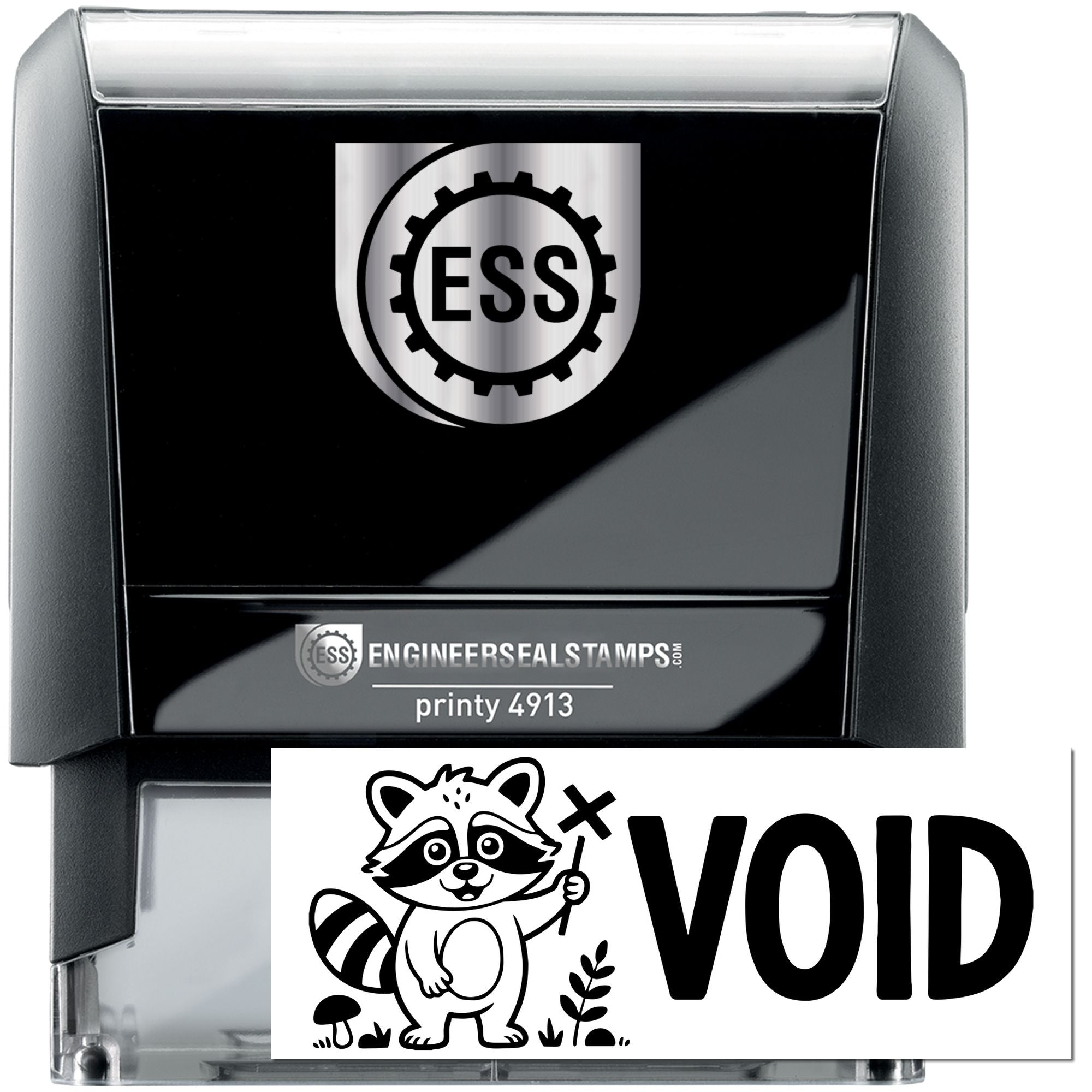 Black ESS self-inking stamp and seal with silver logo and VOID impression card featuring a raccoon graphic.