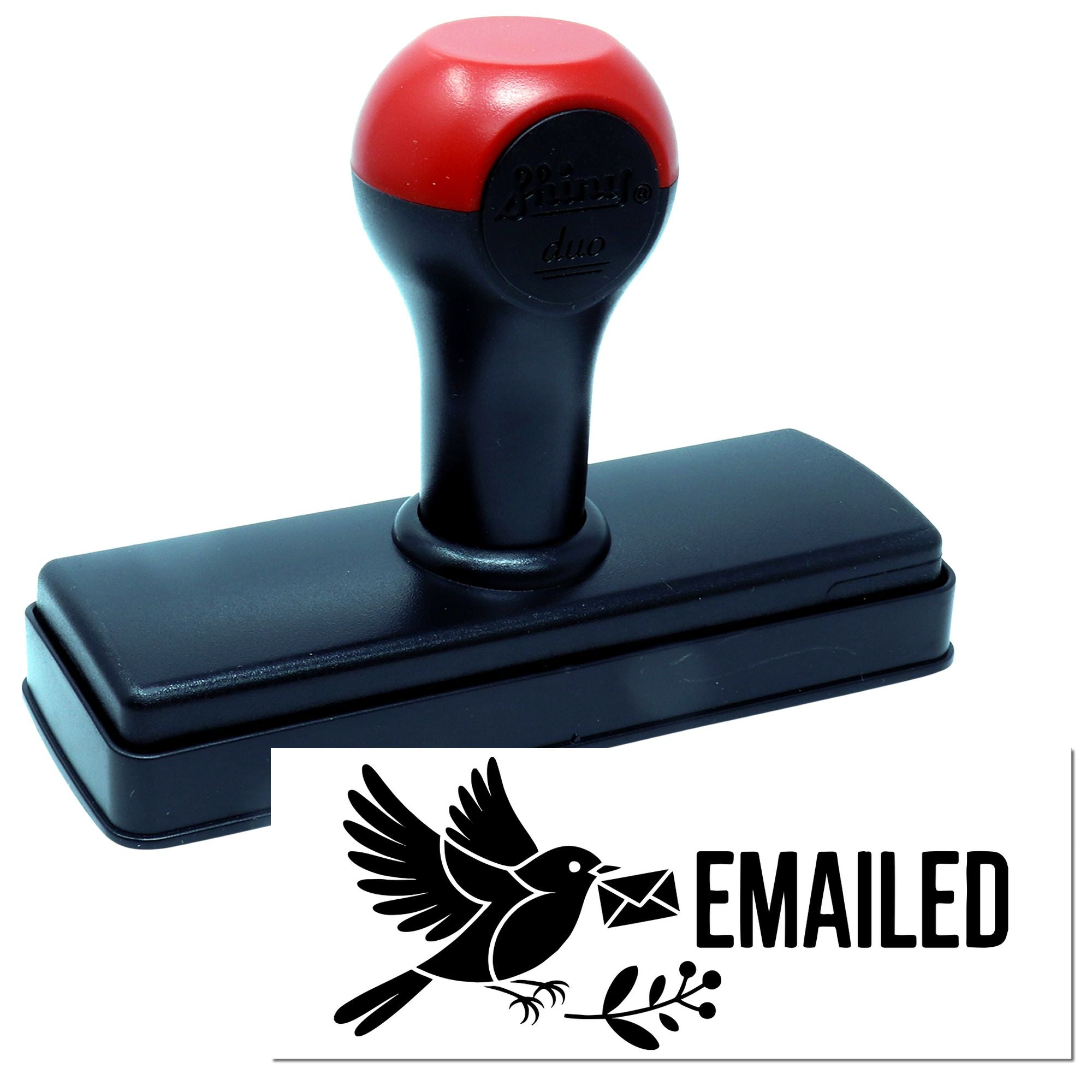 Red-and-black self-inking stamp with black base and EMAILED seal design featuring a bird carrying an envelope.