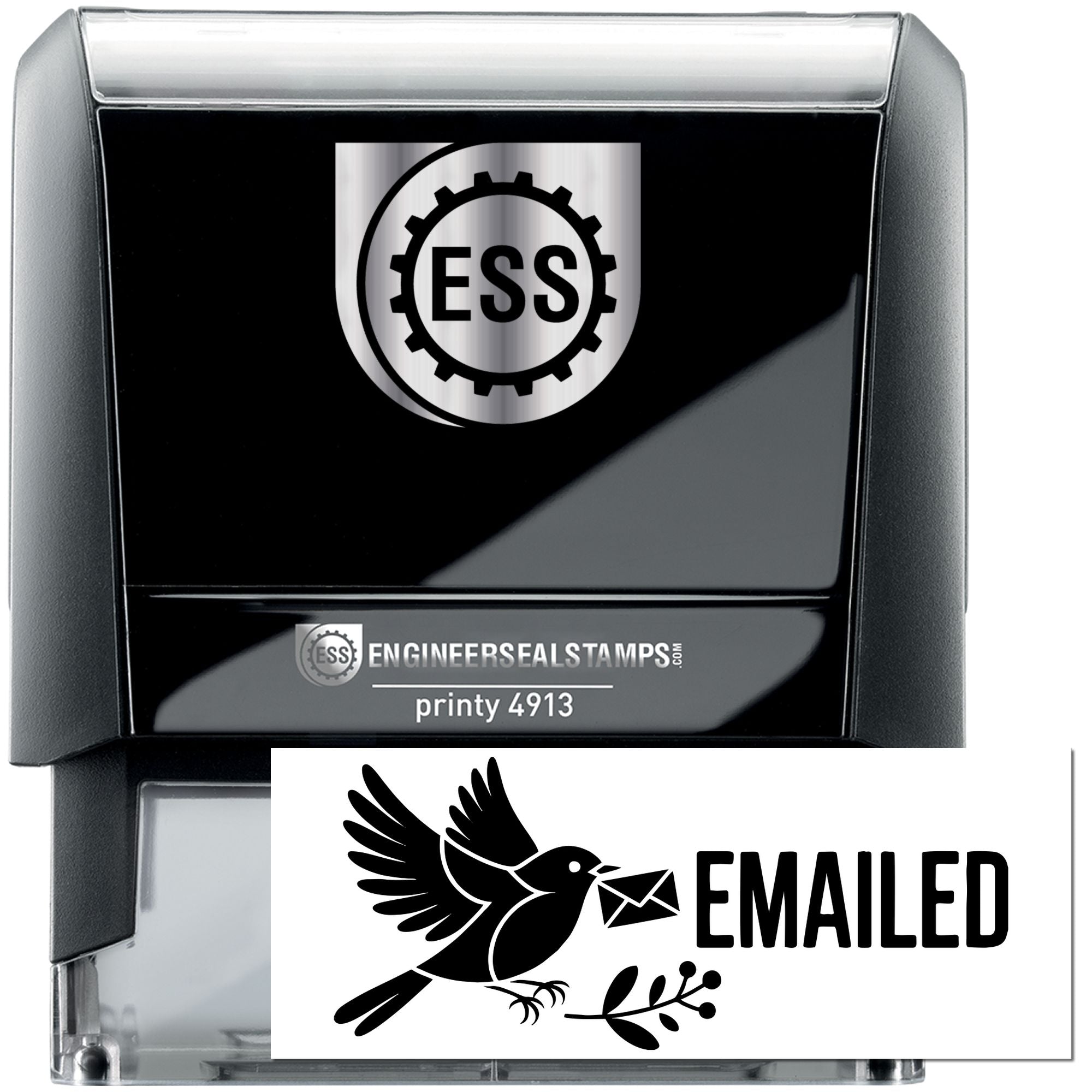 Black and silver ESS engineer seal stamp and clear emailed stamp with bird icon and bold black lettering.