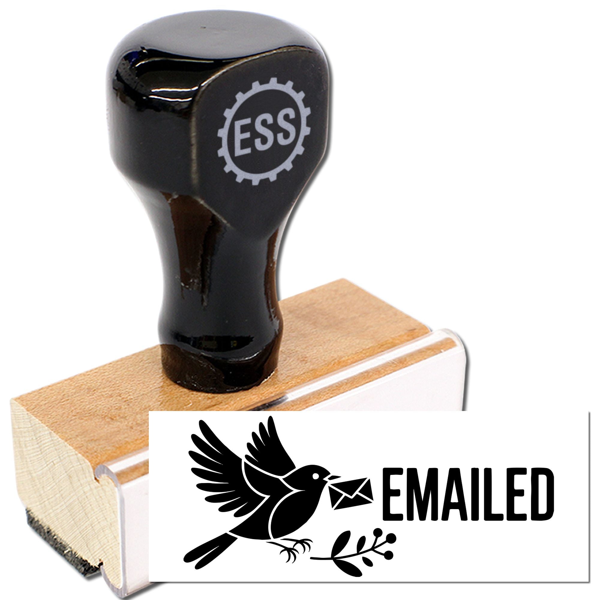 Black rubber stamp and EMAILED seal on a wood block, with gray ESS gear logo and bird icon.