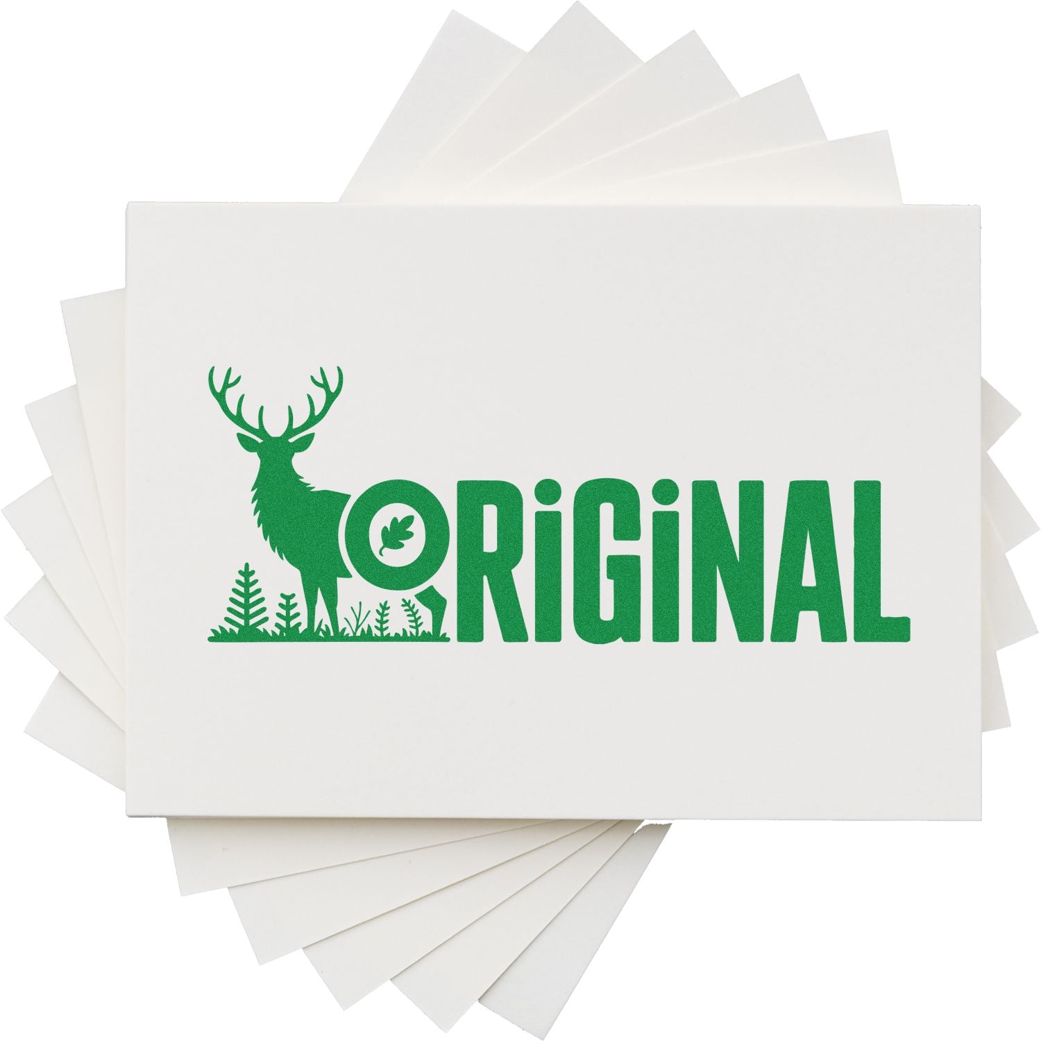 White stamp and seal product sheets with green ORIGINAL deer logo and leaf icon, layered on a white background.
