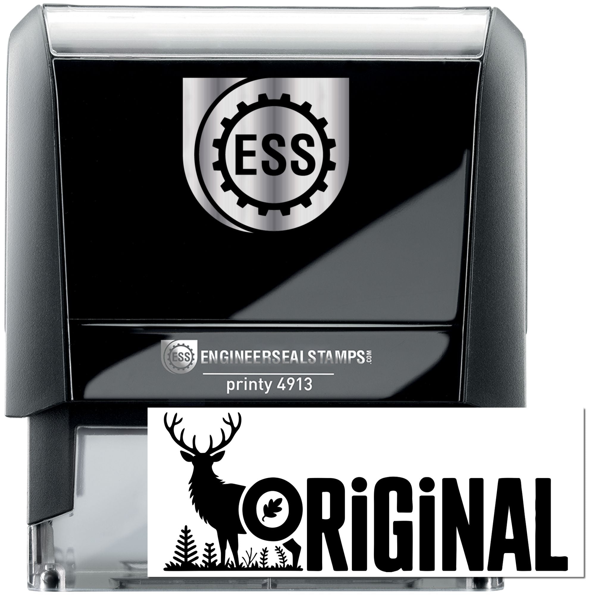 Black self-inking engineer seal stamp in black and silver with ESS logo and deer-themed ORIGINAL design.