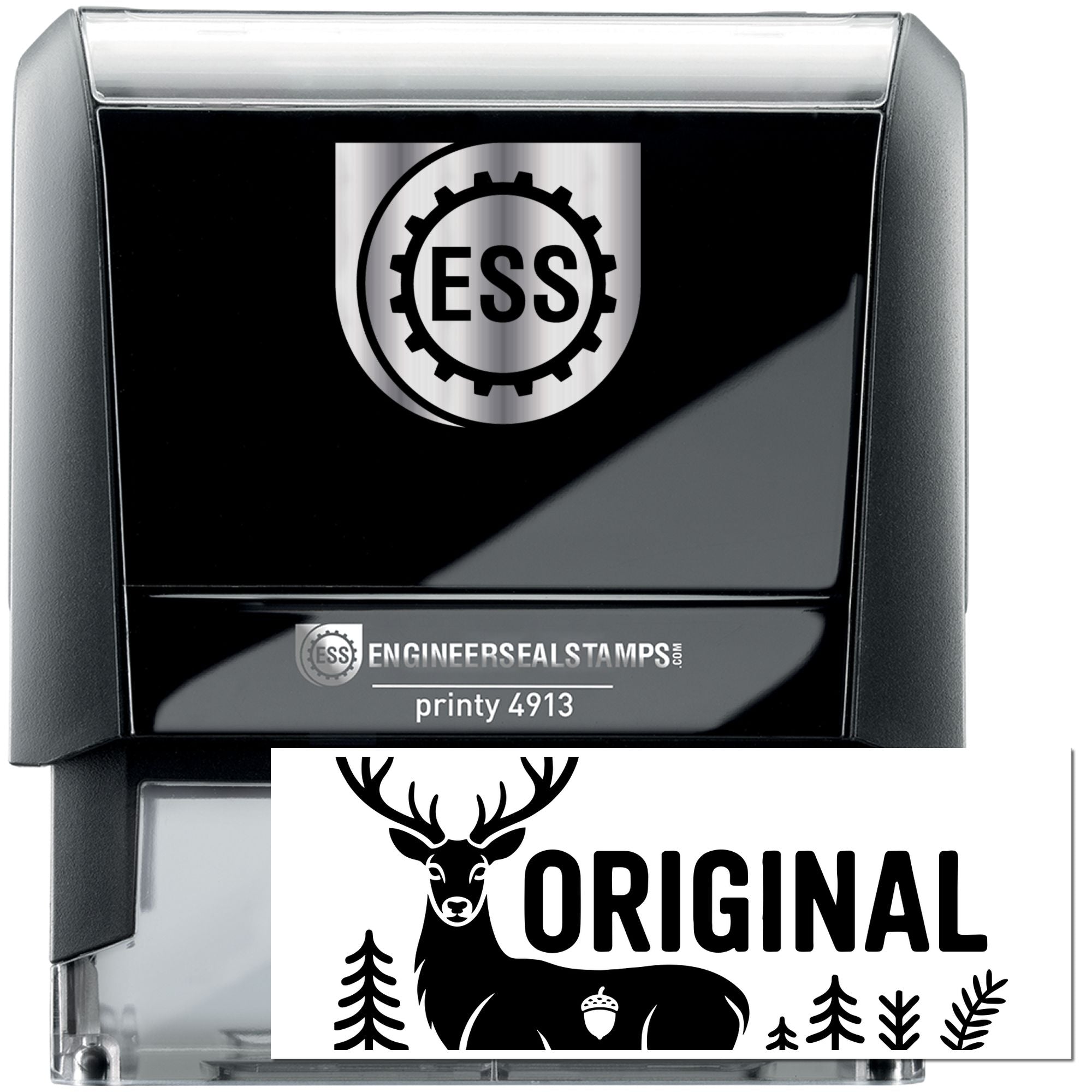 Black and silver ESS engineer seal stamp with gear logo, showing a deer Original imprint sample.