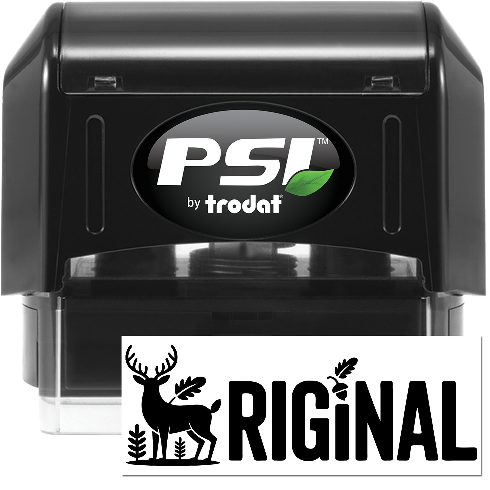Black PSI by Trodat self-inking stamp and rectangular custom seal with deer logo and bold black RIGINAL text.
