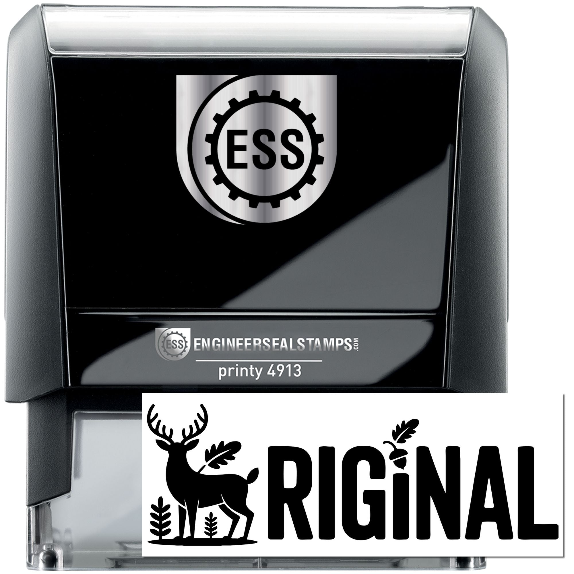 Black self-inking stamp and seal with silver ESS logo and white deer RIGINAL imprint.
