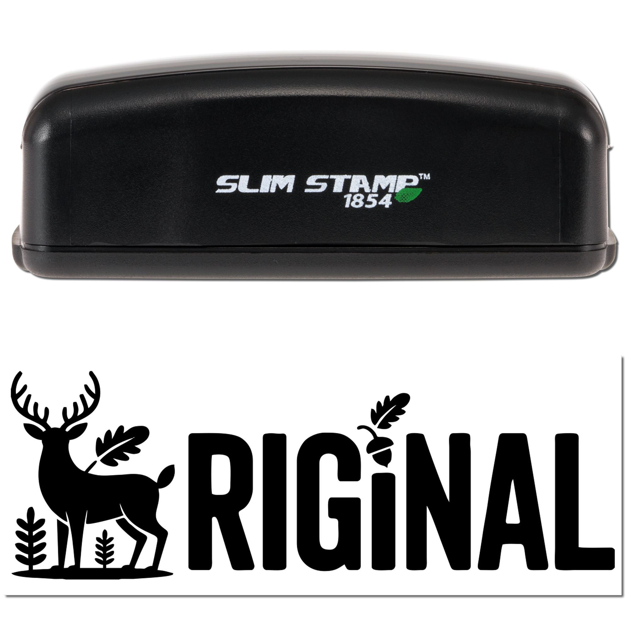 Black Slim Stamp 1854 stamp and seal with green accent; RIGNAL logo featuring a deer and bold black lettering.