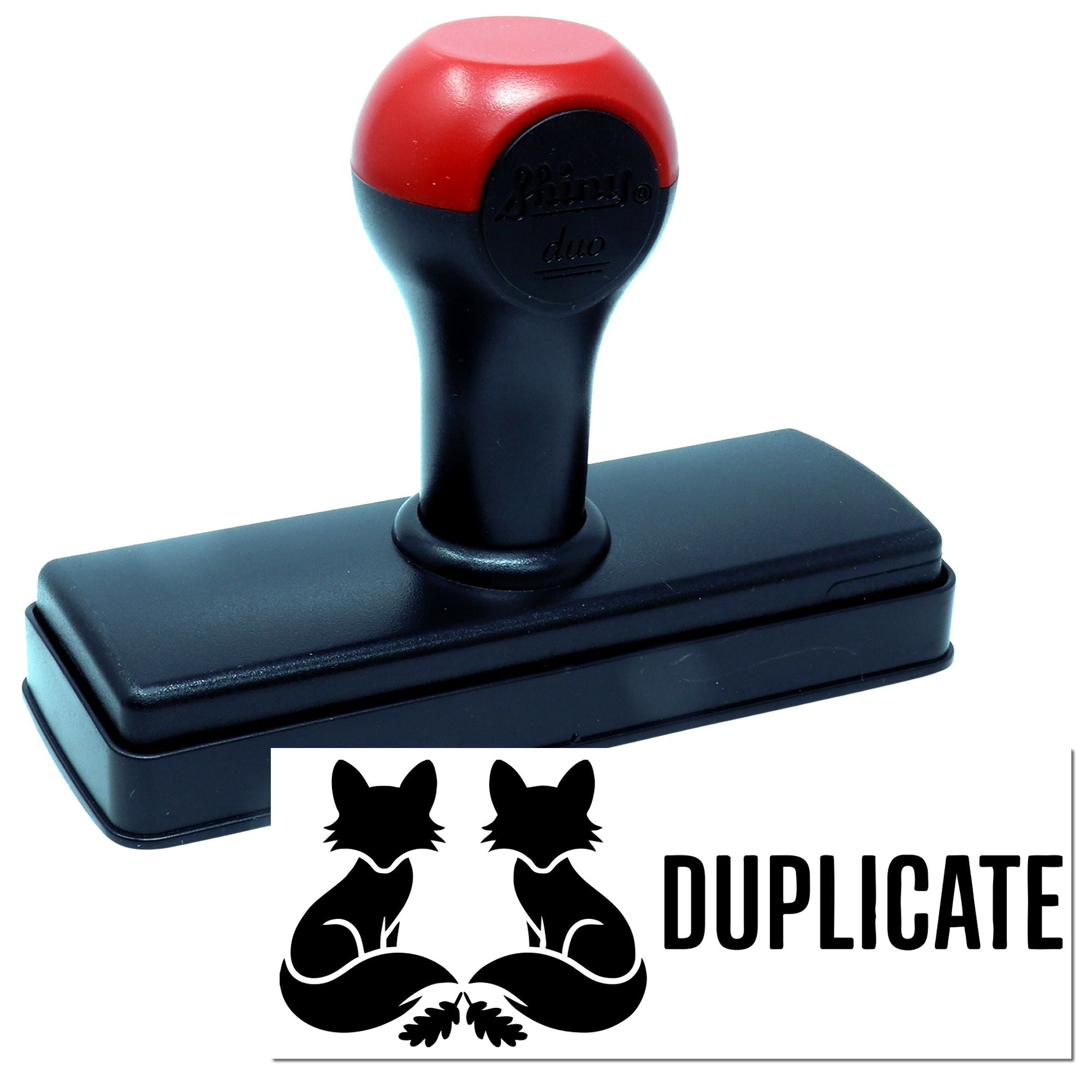 Red-and-black self-inking stamp with duplicate seal, featuring twin black cat silhouettes and bold DUPLICATE text.