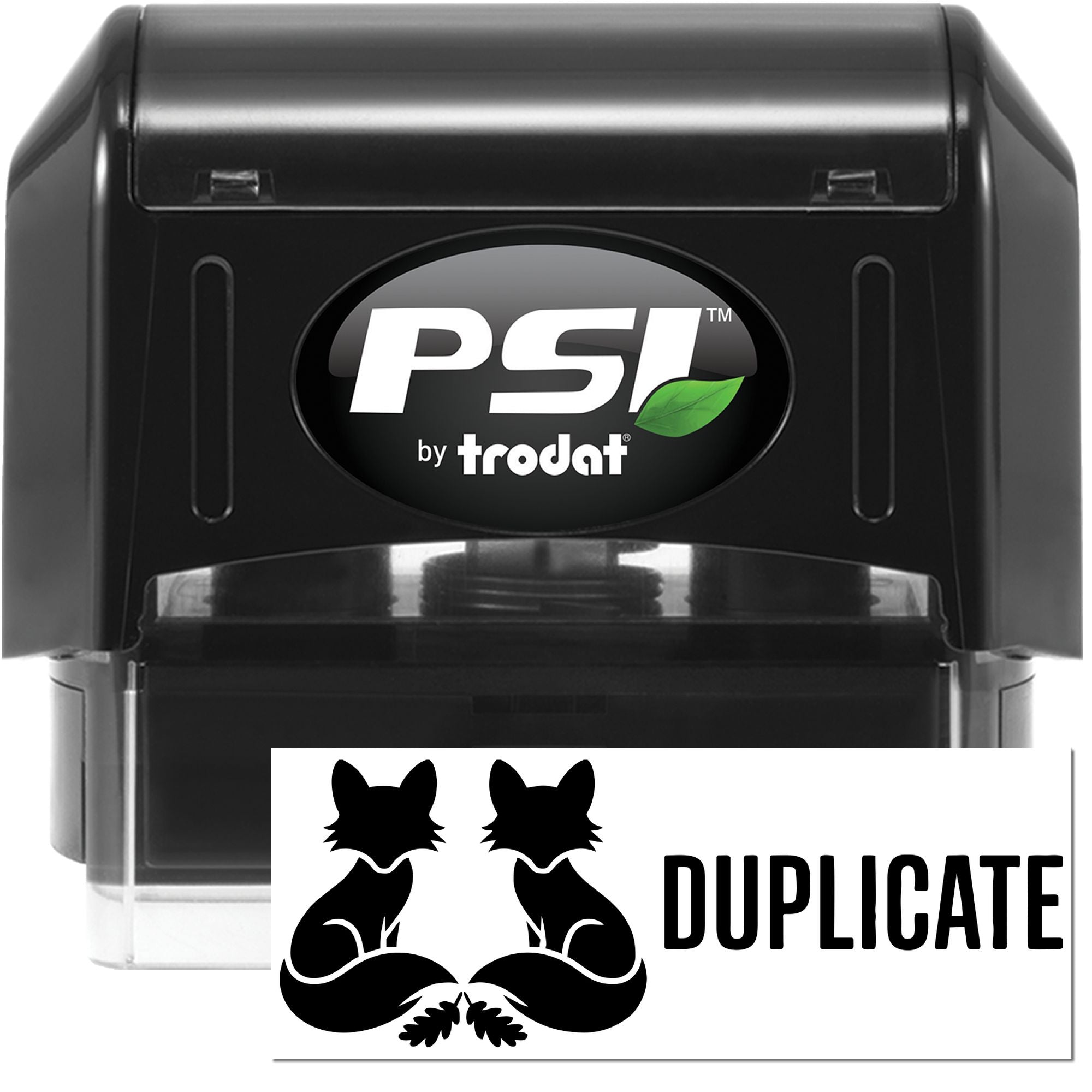 Black PSI by Trodat self-inking stamp with green leaf logo and white duplicate seal card featuring black fox silhouettes.