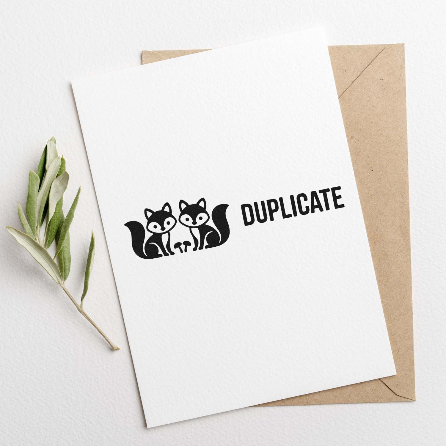 White card with black fox duplicate stamp, on a brown envelope with a green leaf accent.
