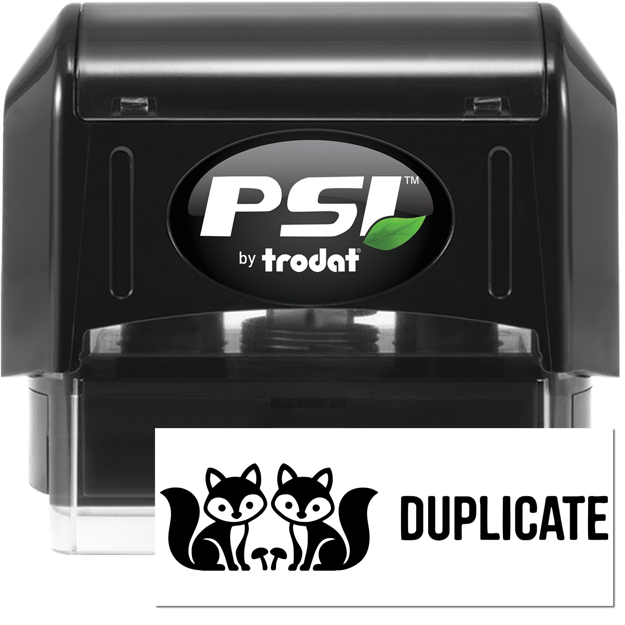 Black PSI by Trodat self-inking stamp and white duplicate seal with raccoon logo