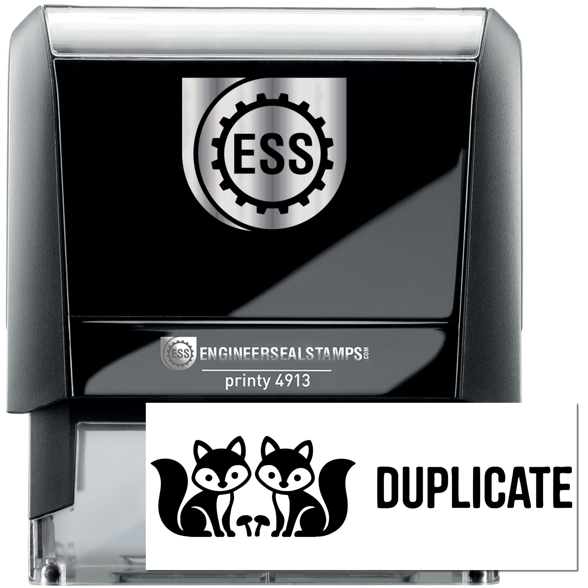 Black self-inking ESS stamp with gray case and white DUPLICATE seal featuring twin squirrel logo and bold black text.