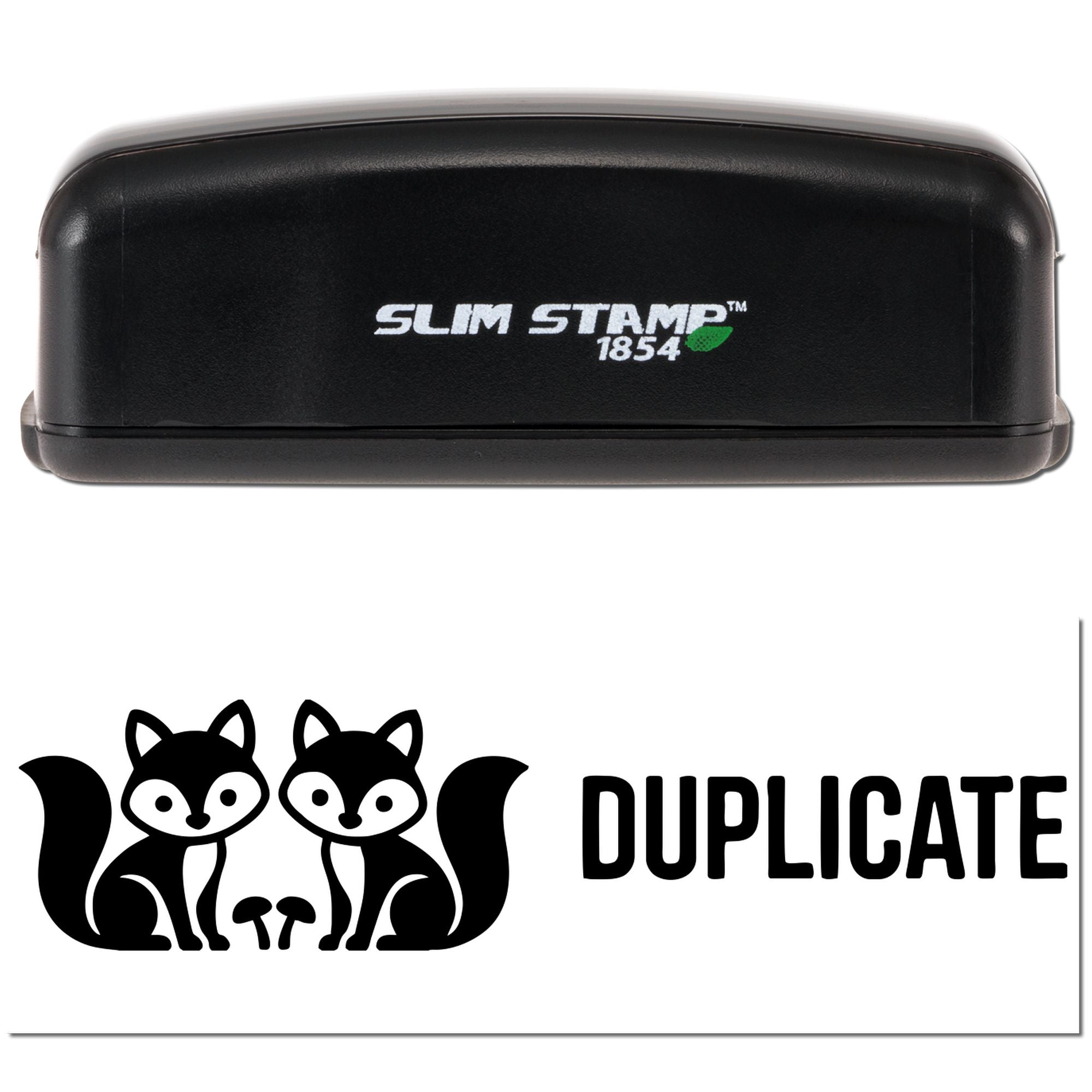 Black Slim Stamp 1854 self-inking stamp with Duplicate fox logo seal on a white background.