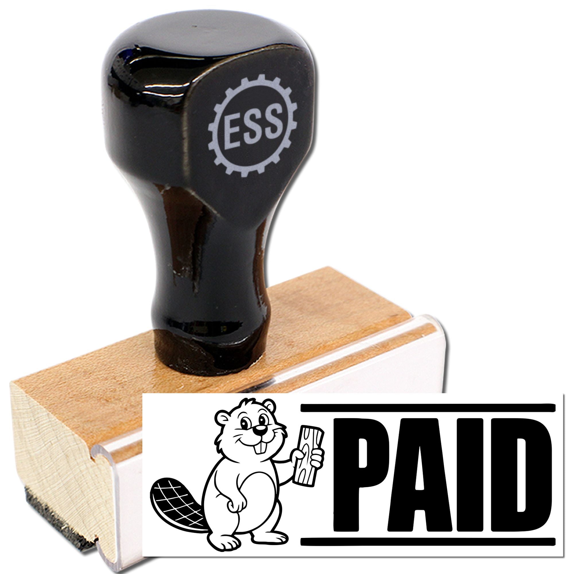 Black ESS rubber stamp on wooden block beside a white PAID seal with beaver mascot and bold black text.