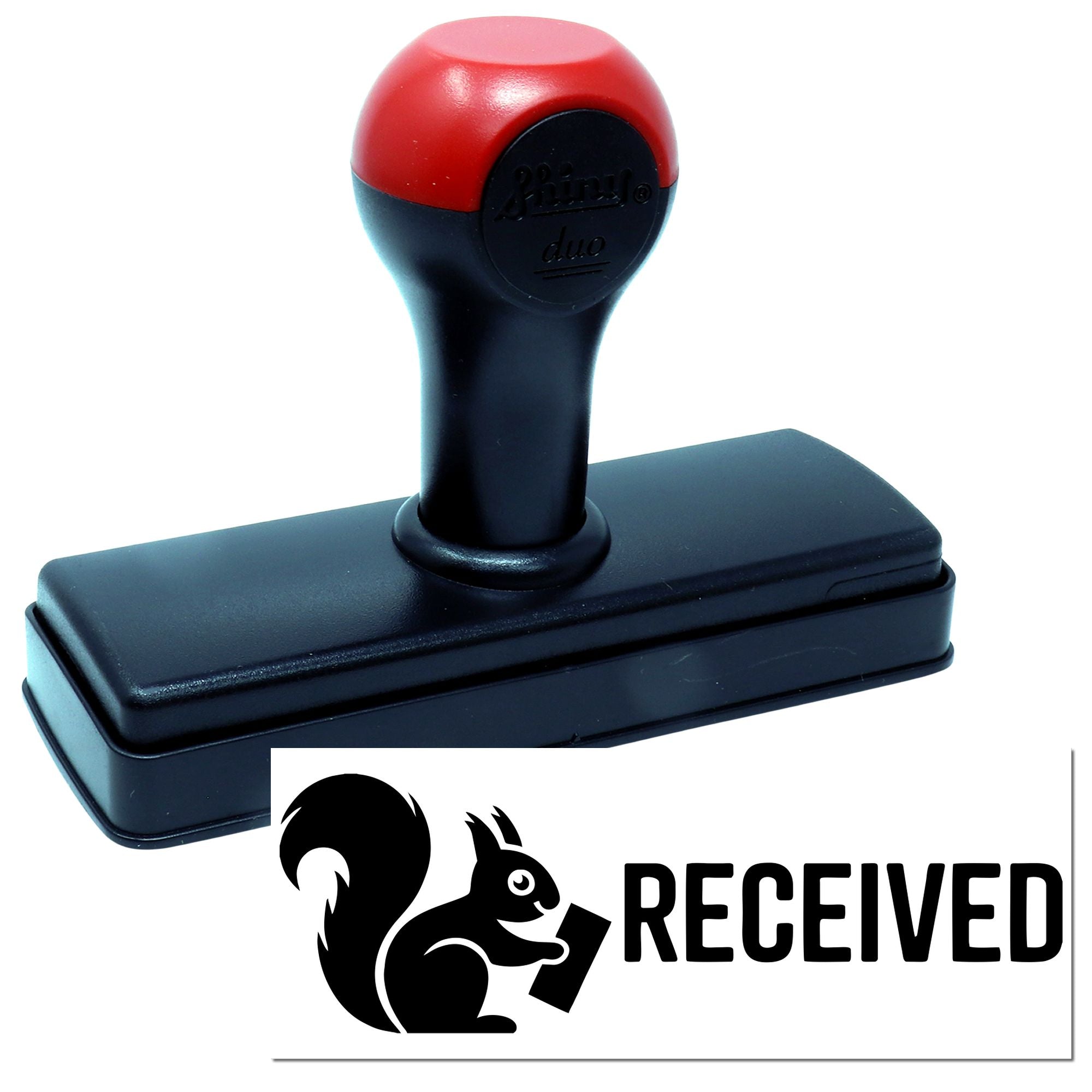 Red and black self-inking stamp and seal with RECEIVED imprint graphic on a white background.