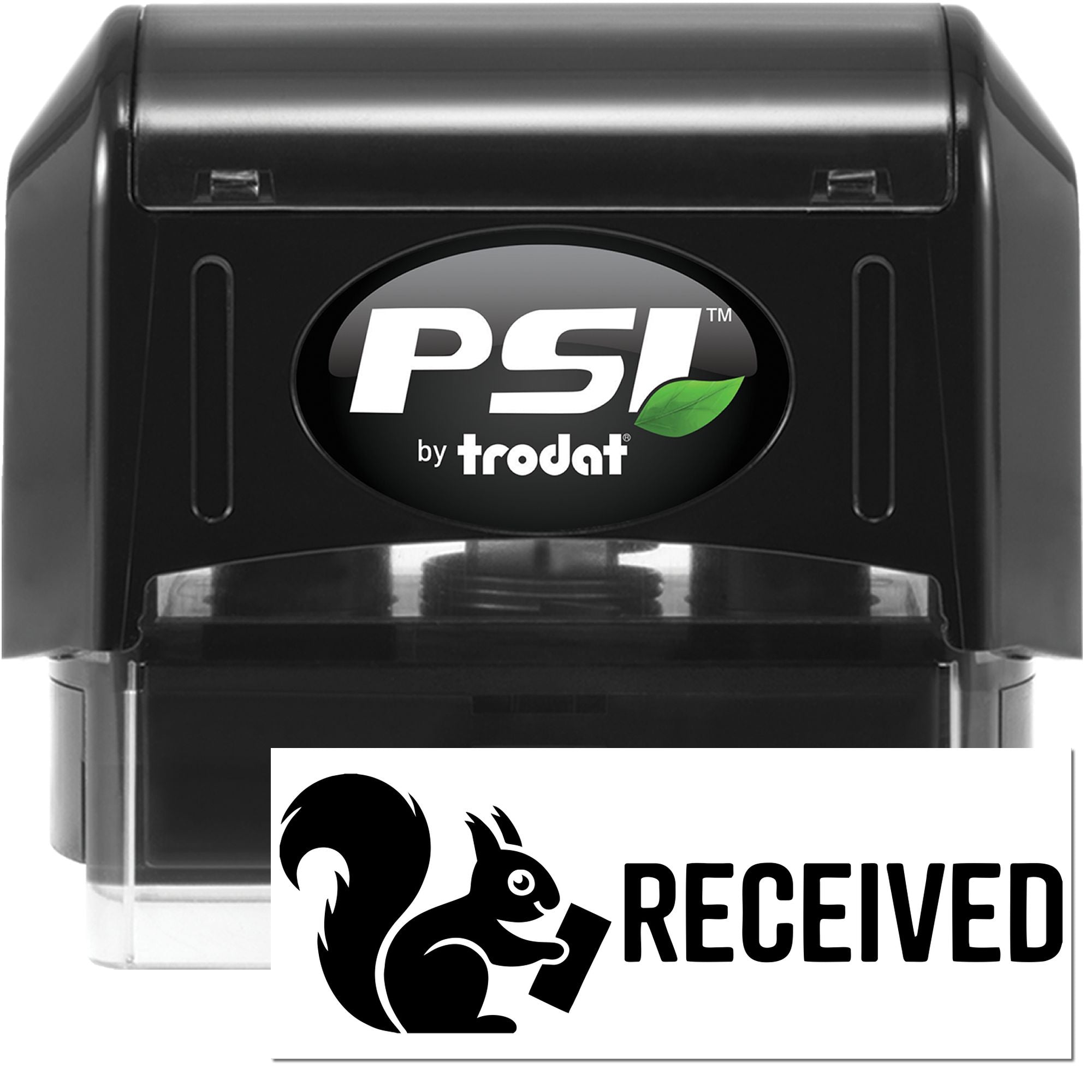 Black PSI by Trodat self-inking stamp and seal with green leaf logo and white RECEIVED squirrel imprint