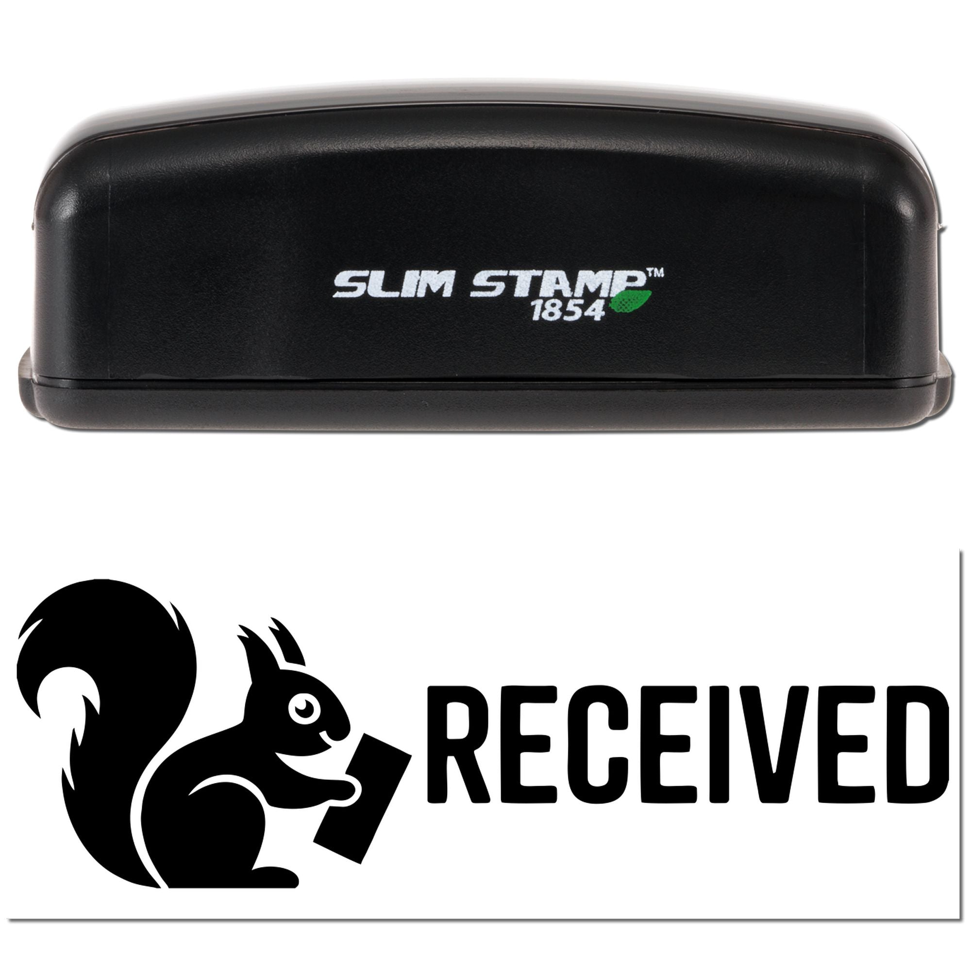Black Slim Stamp 1854 self-inking stamp with RECEIVED seal impression and squirrel logo on white background