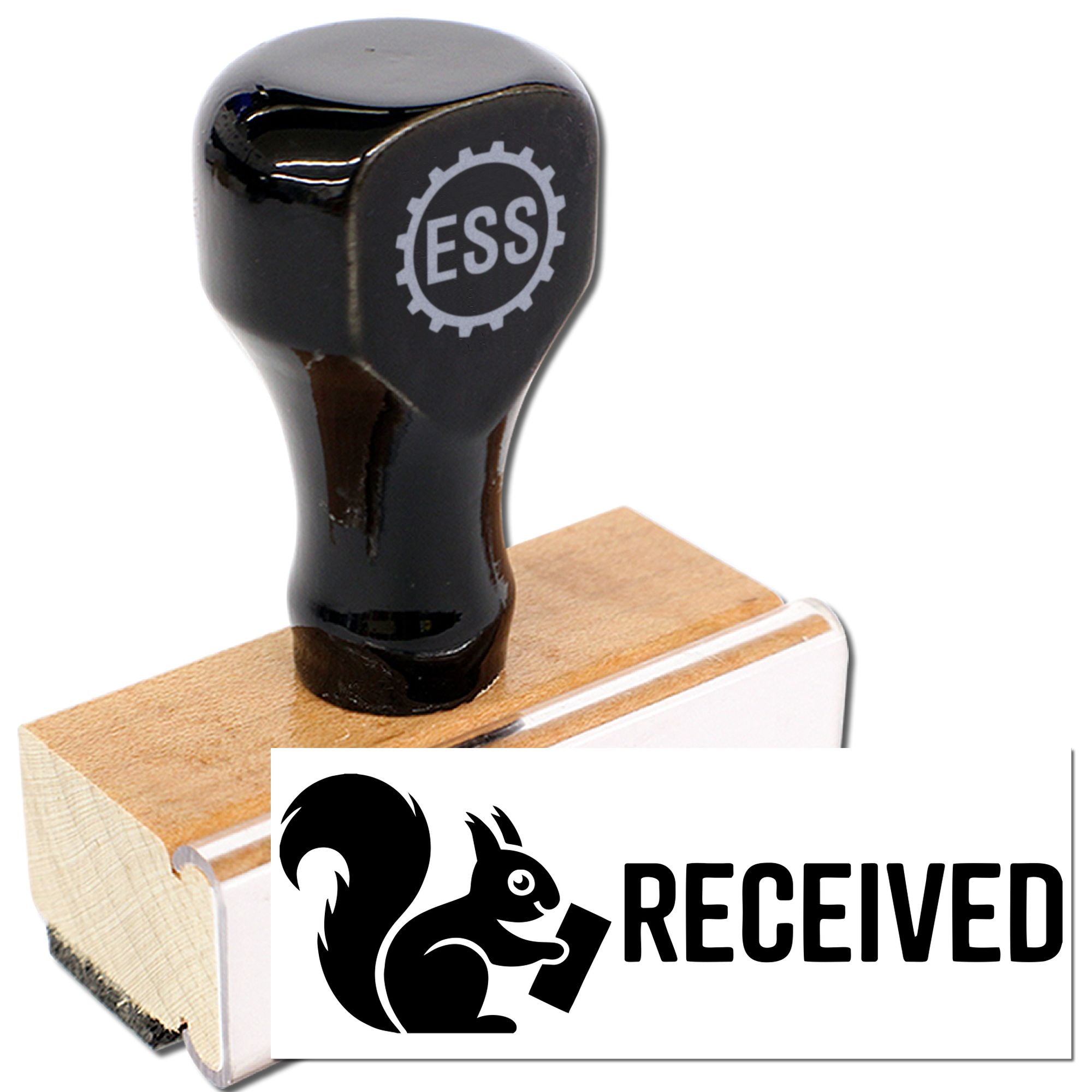 Black RECEIVED stamp and seal with squirrel logo, black handle, wooden base, and white imprint block.