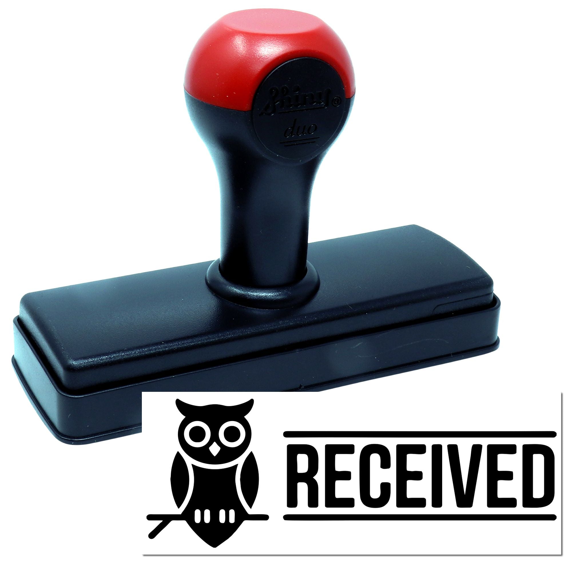 Red-and-black self-inking stamp and seal with RECEIVED owl logo on a white background.