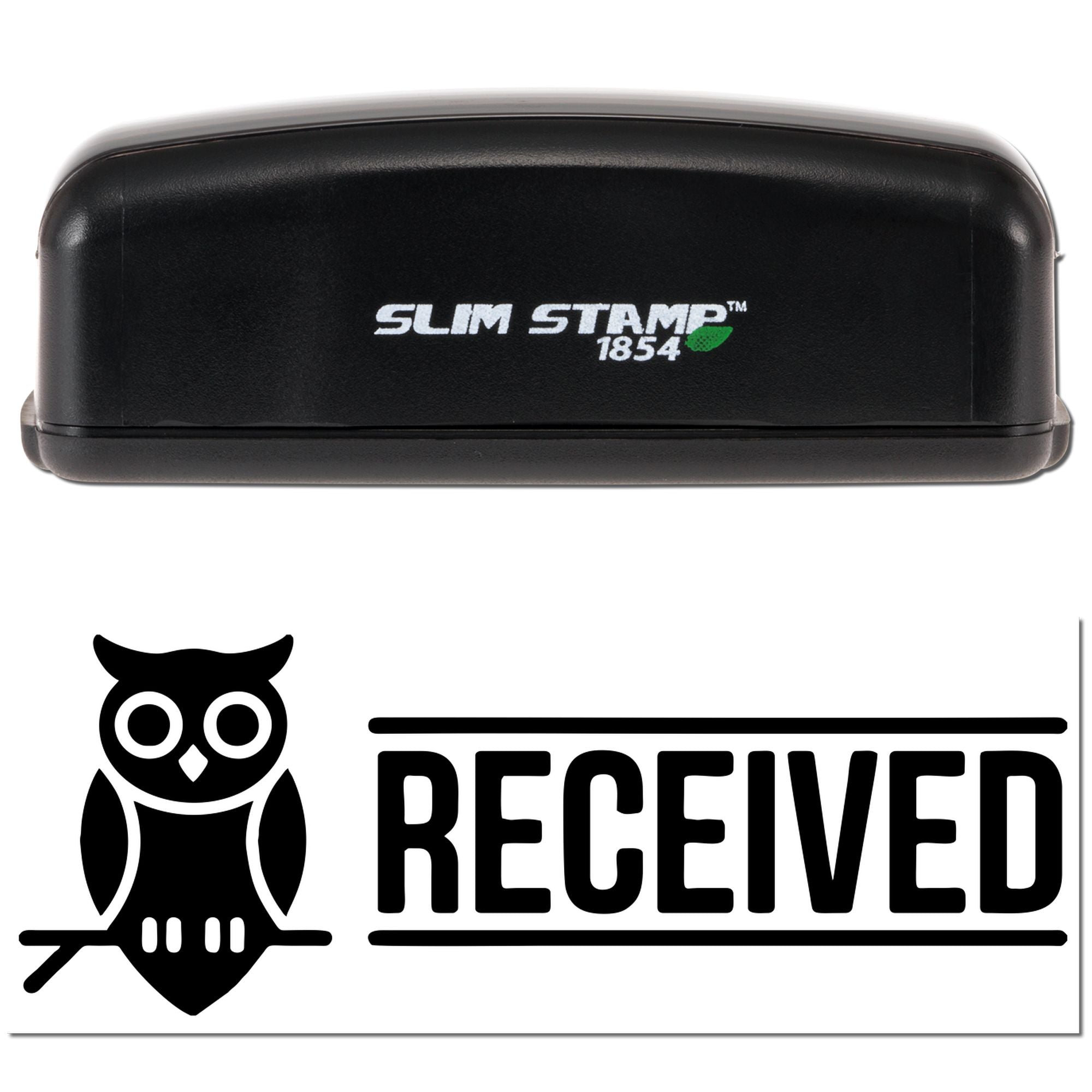 Black Slim Stamp 1854 self-inking stamp with black owl and RECEIVED seal on white background.