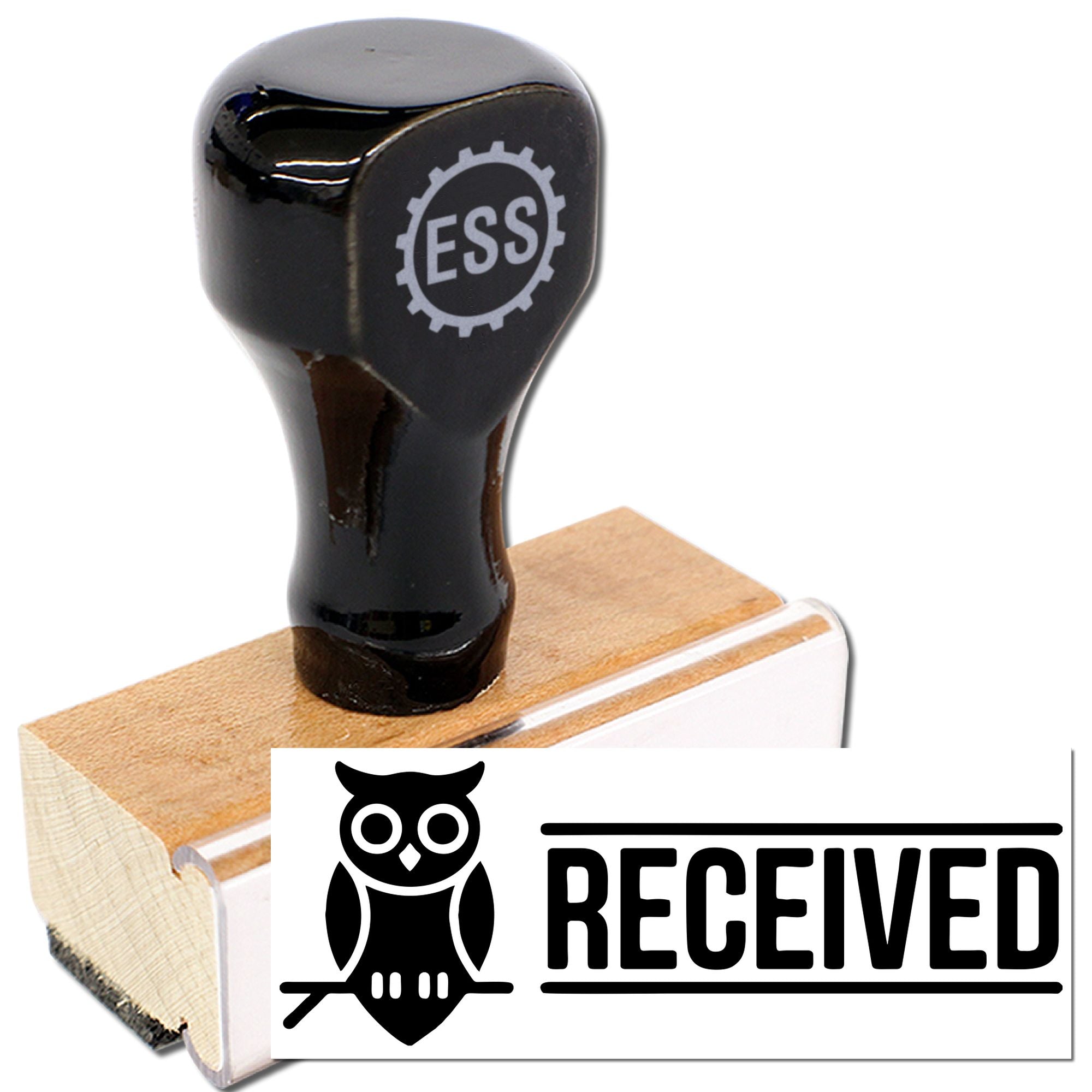 Black rubber stamp on wooden base with white RECEIVED owl seal and gray ESS logo.