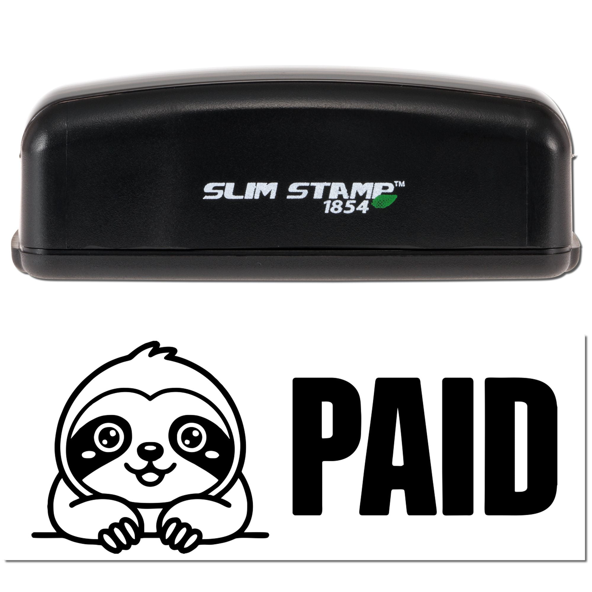 Black Slim Stamp 1854 self-inking stamp and seal with green logo, showing a panda and bold PAID imprint.