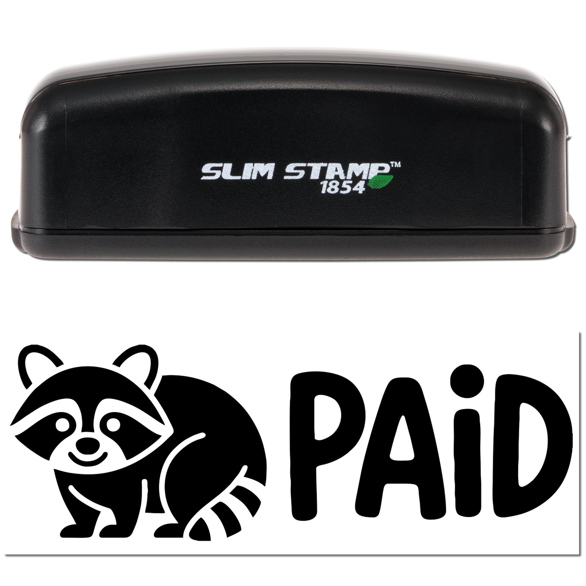 Black Slim Stamp 1854 self-inking stamp and seal with raccoon graphic and bold PAID imprint on white background.