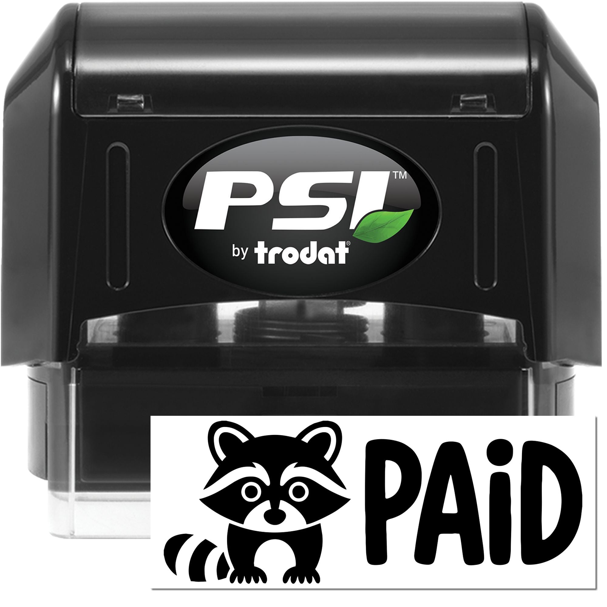 Black PSI by Trodat self-inking stamp and PAID seal with raccoon graphic on white card.