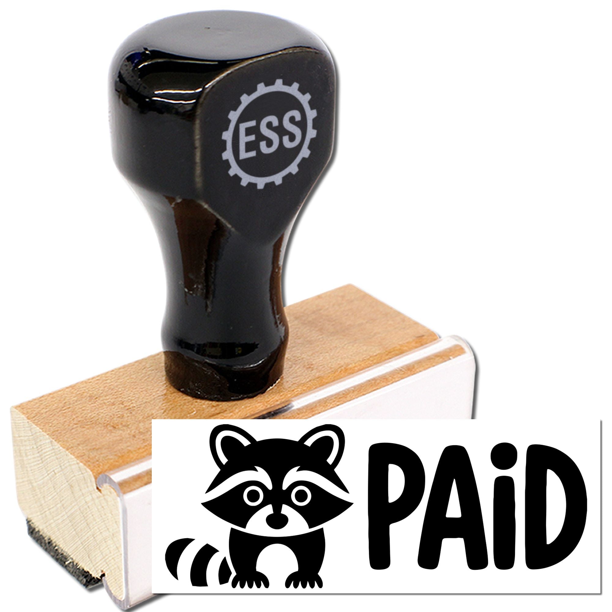 Black rubber stamp and wooden seal block with raccoon PAID mark, ESS logo, and white background