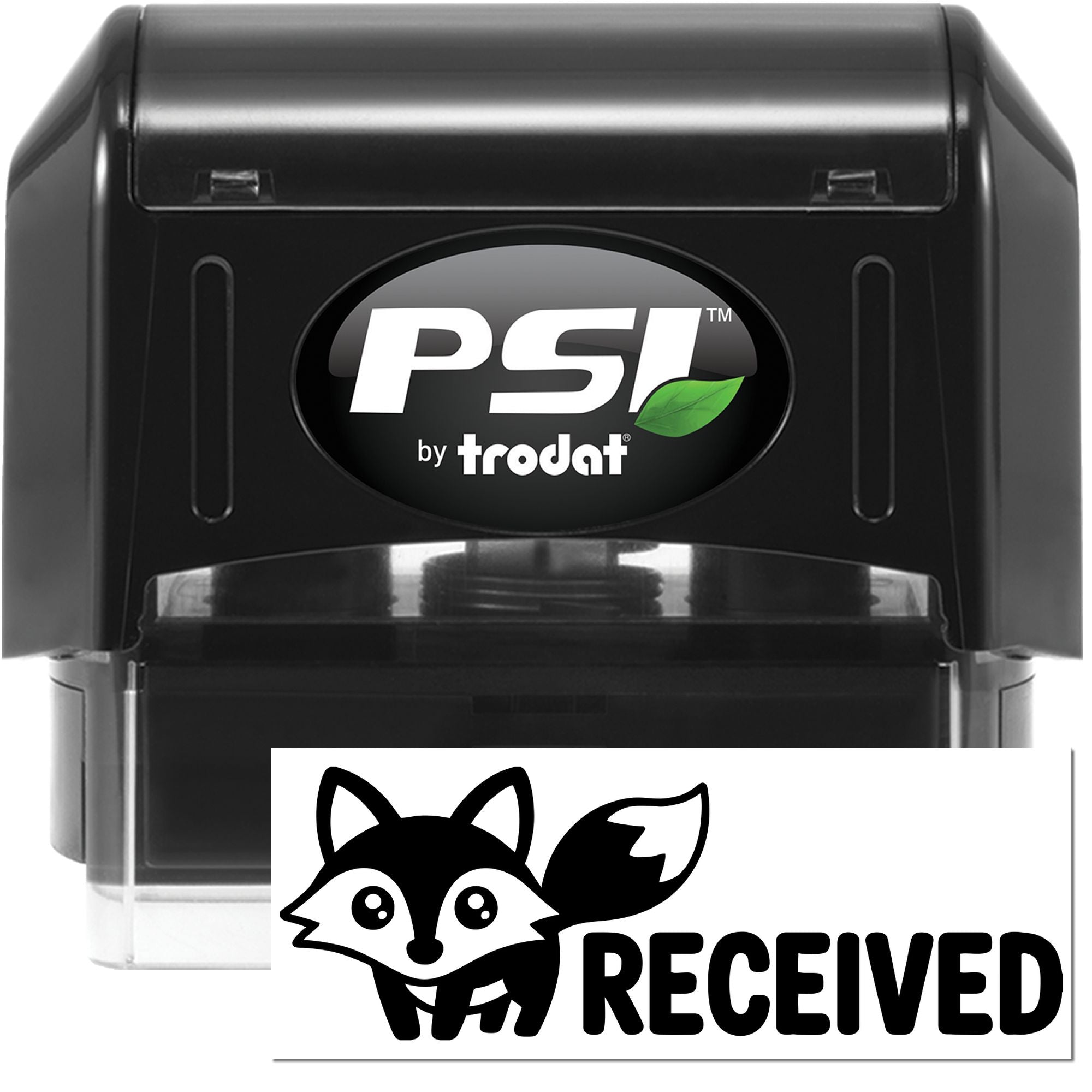Black PSI by Trodat self-inking stamp and received seal with fox logo on white background.