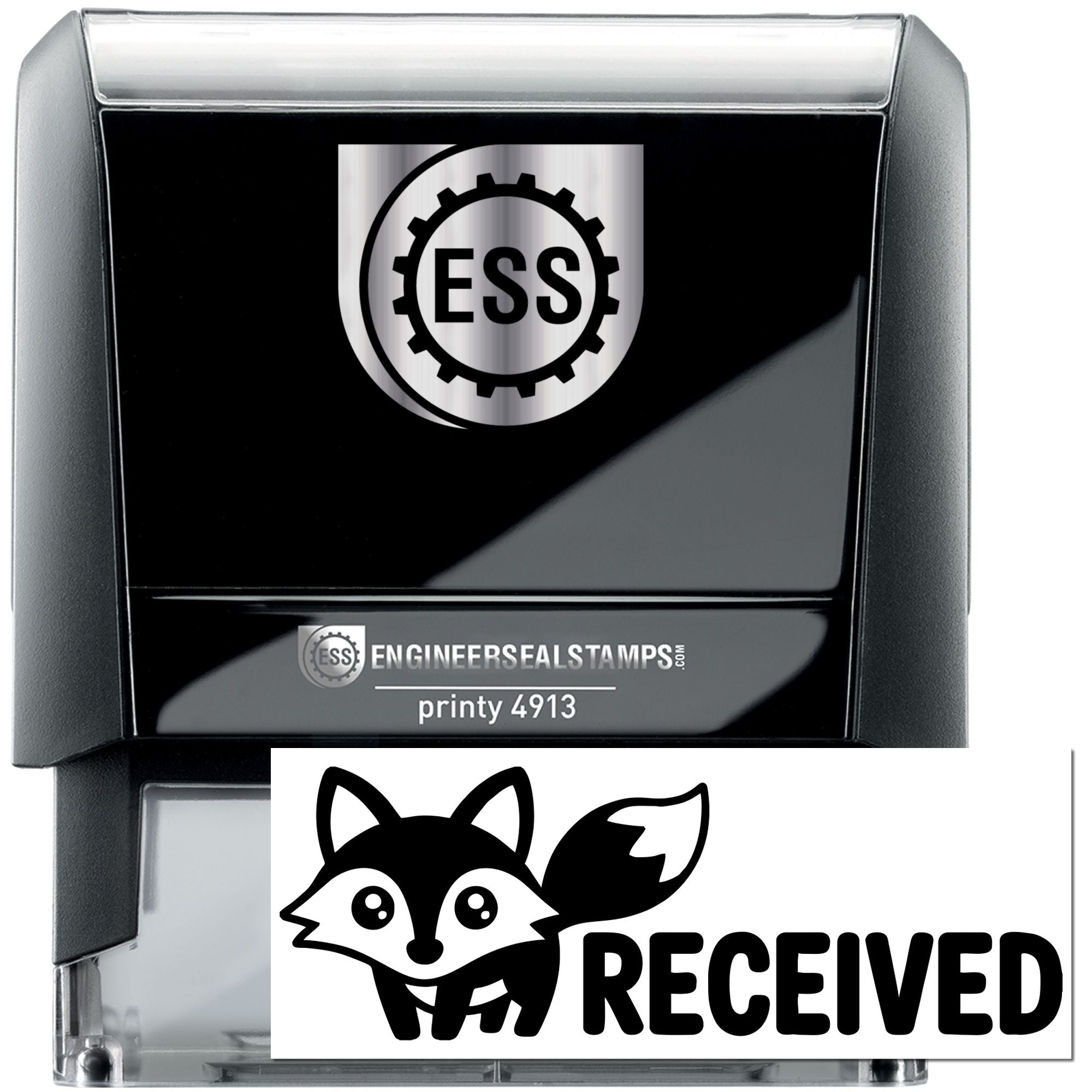 Black self-inking ESS stamp and clear RECEIVED seal with fox icon, silver accents, and Printy 4913 branding.
