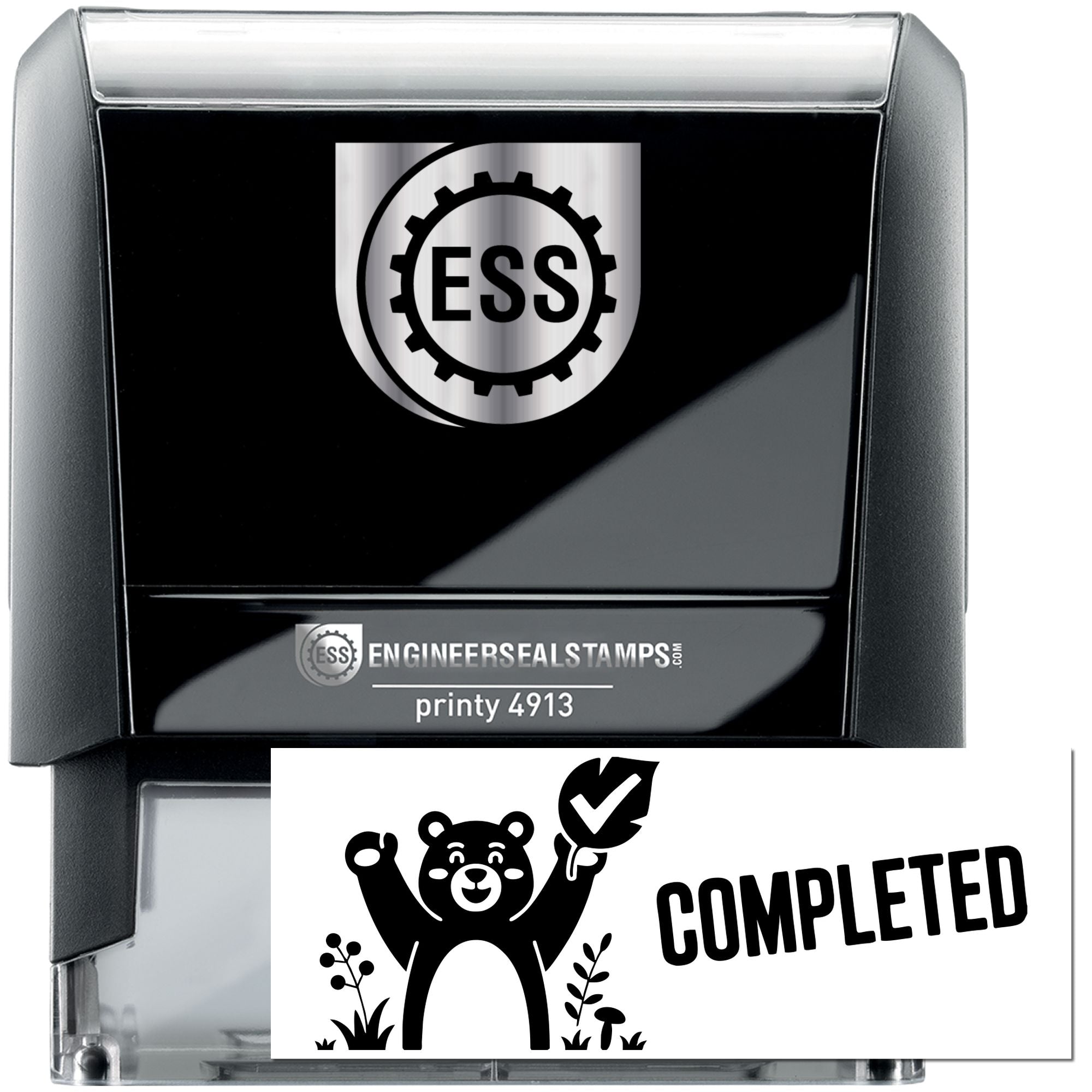 Black and silver self-inking engineer seal stamp with ESS logo, printy 4913, and bear-themed COMPLETED seal.