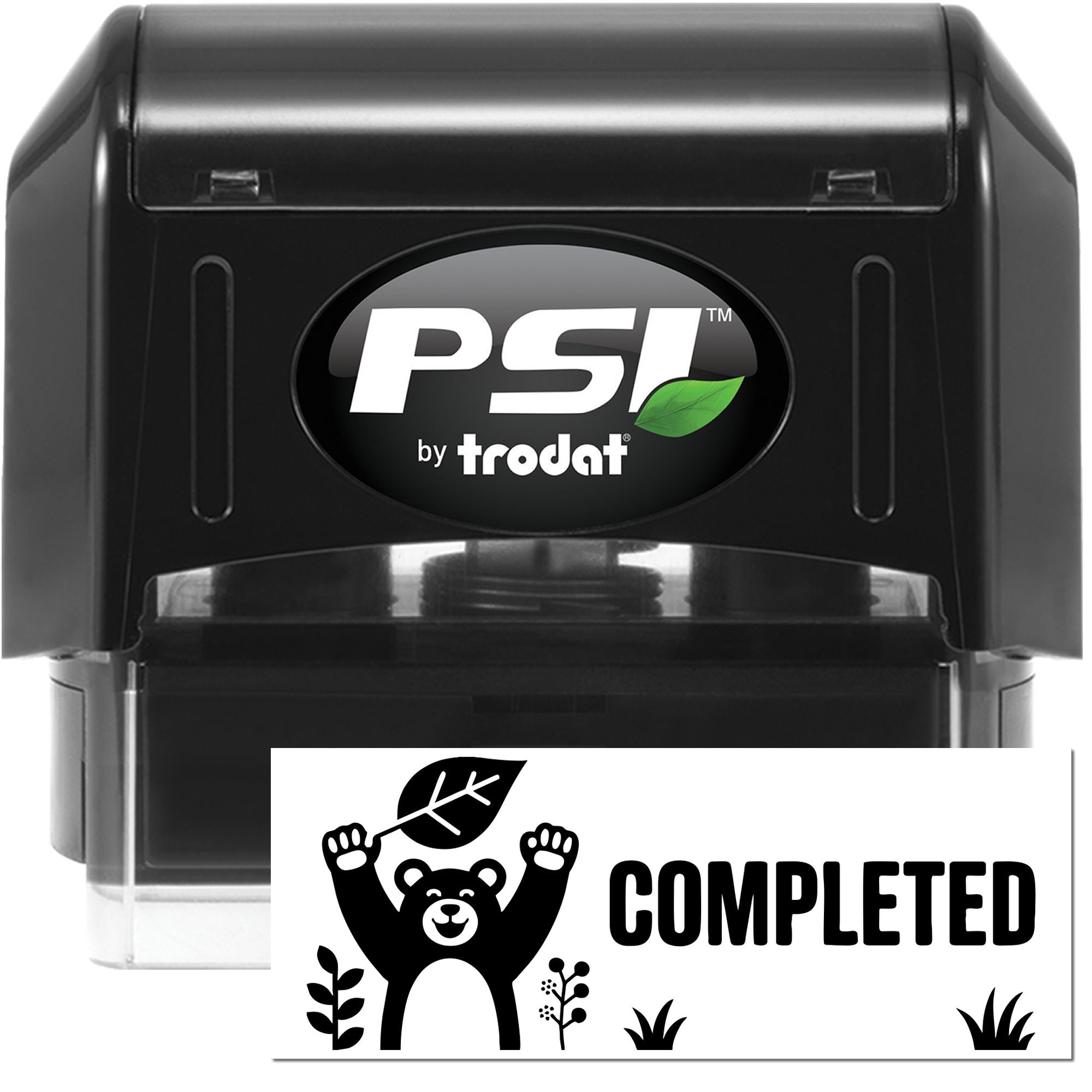 Black PSI by Trodat self-inking stamp and seal set with green leaf logo and completed bear seal design.