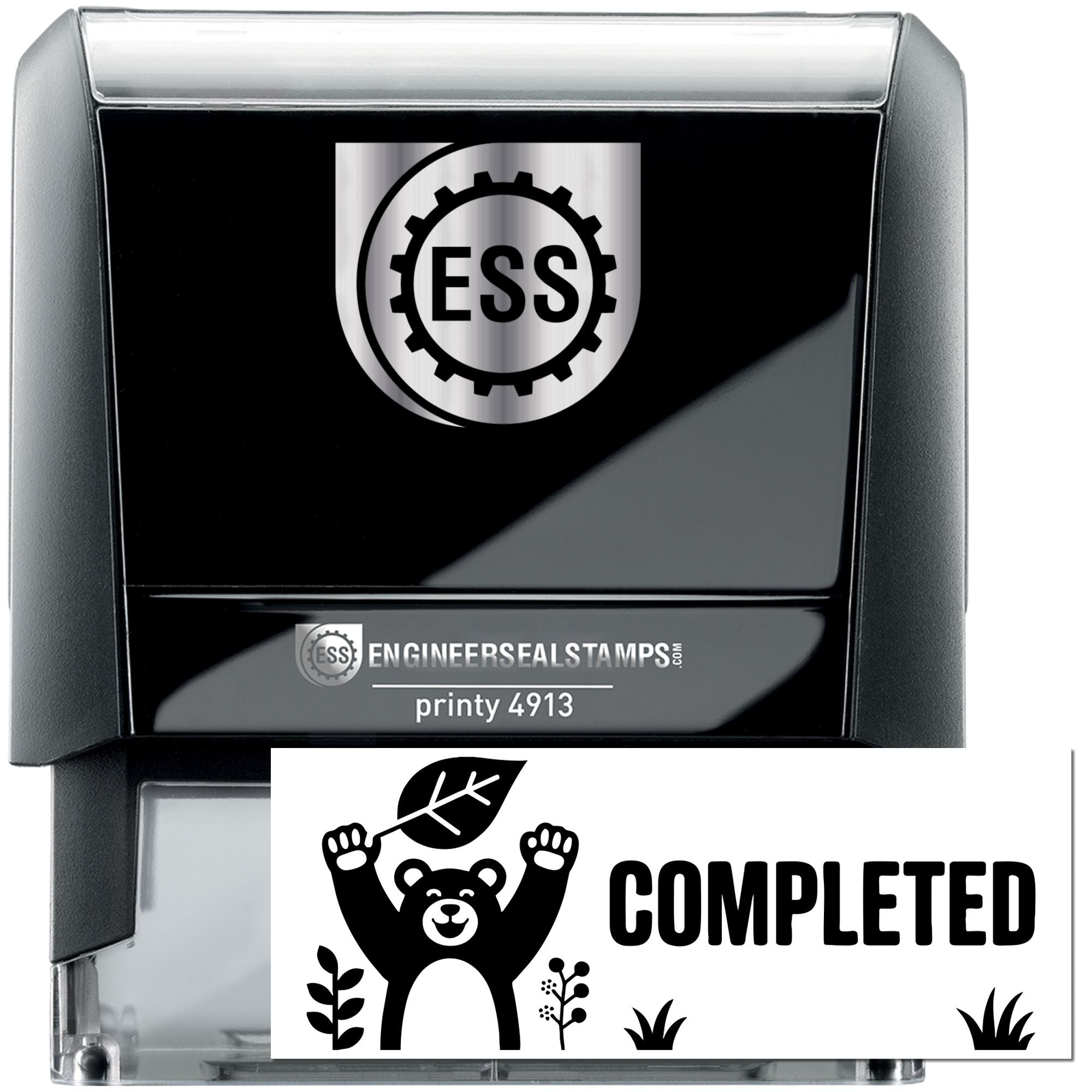 Black self-inking stamp and seal with silver ESS logo, black casing, and white COMPLETED bear design.