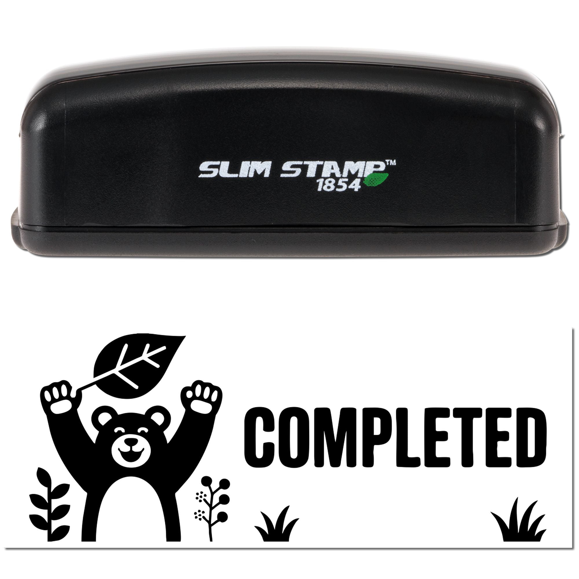 Black Slim Stamp 1854 stamp beside a completed black bear leaf seal logo on white background