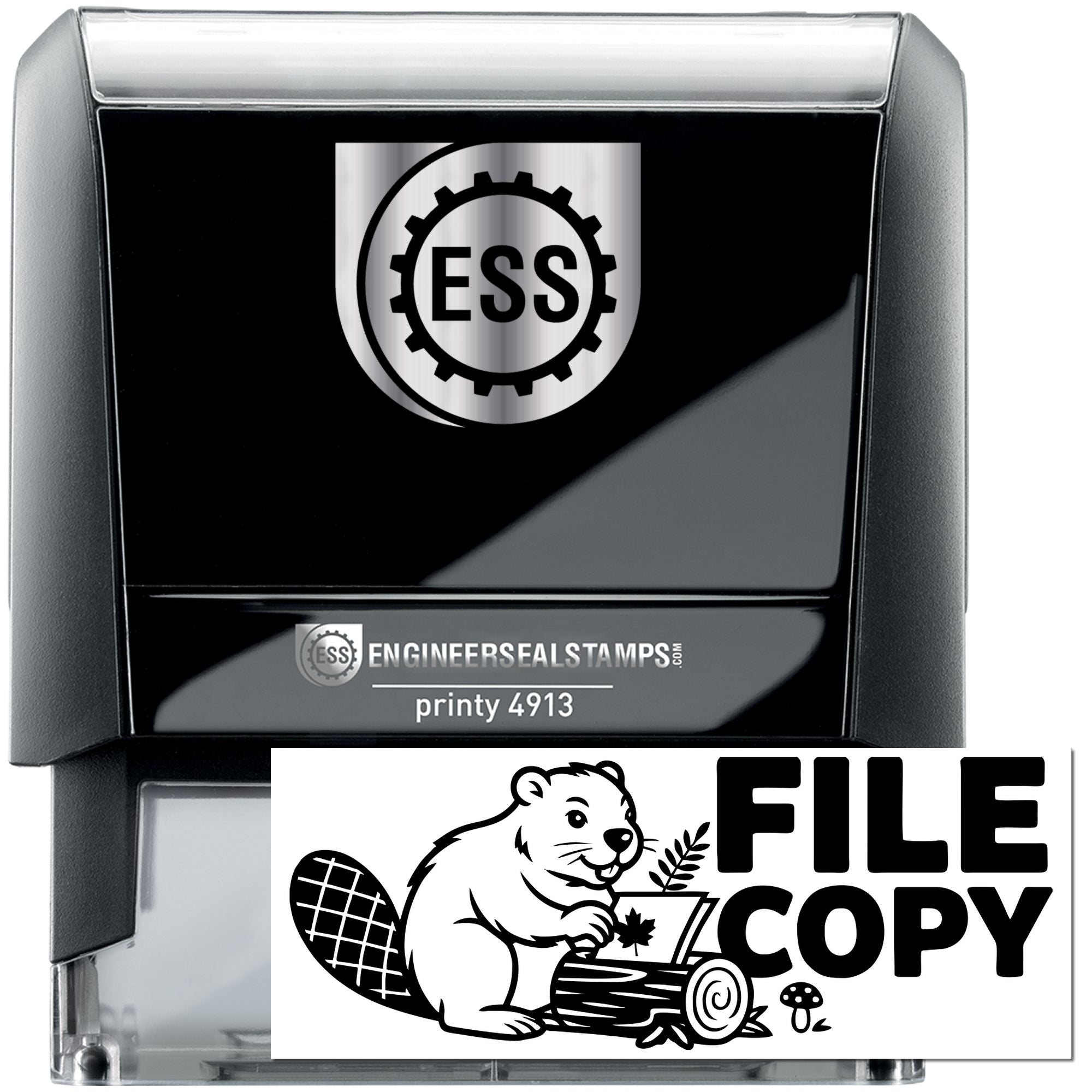 Black self-inking engineer seal stamp with silver ESS logo and bold FILE COPY imprint for document marking.