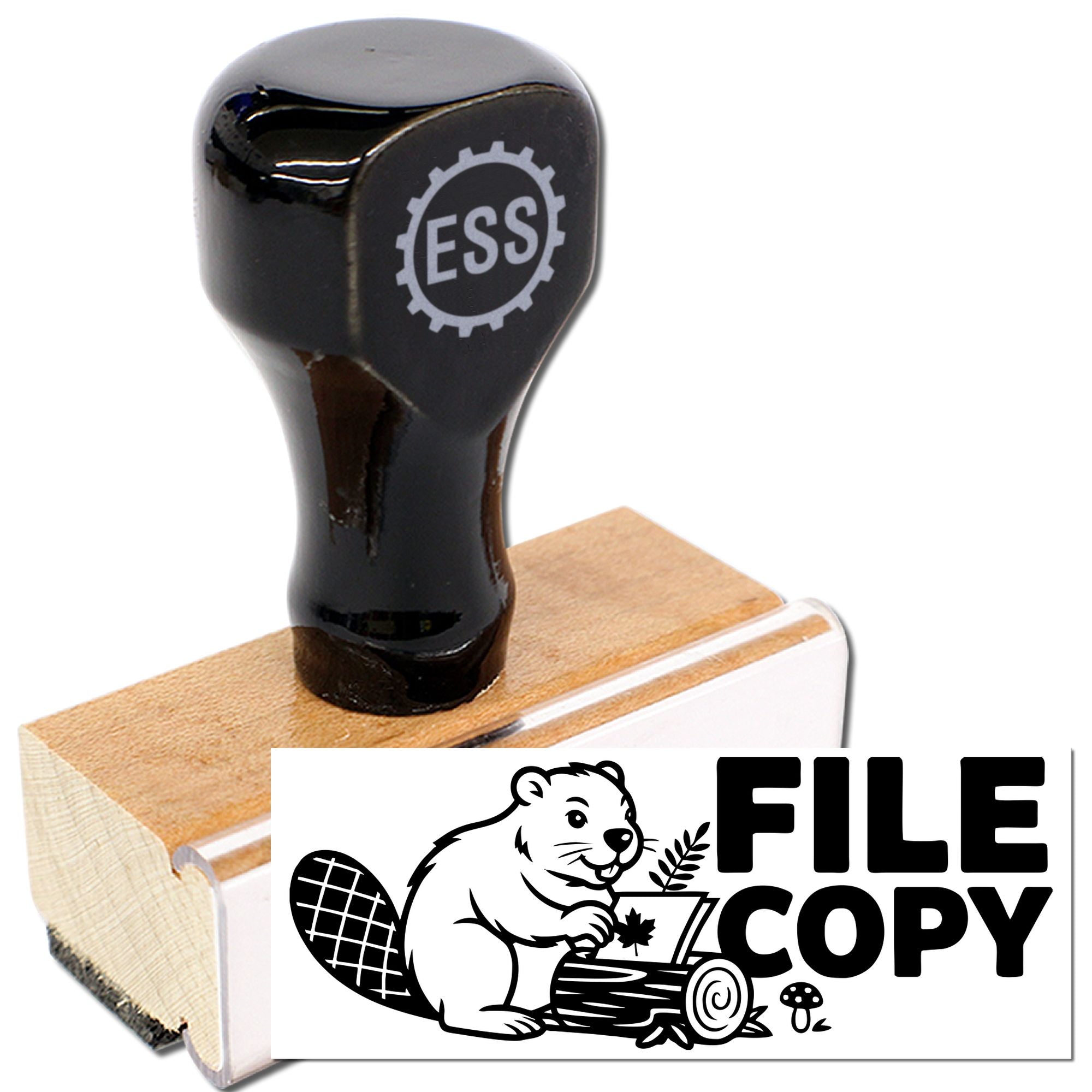 Black ESS rubber stamp on wood base with FILE COPY mark and beaver graphic seal