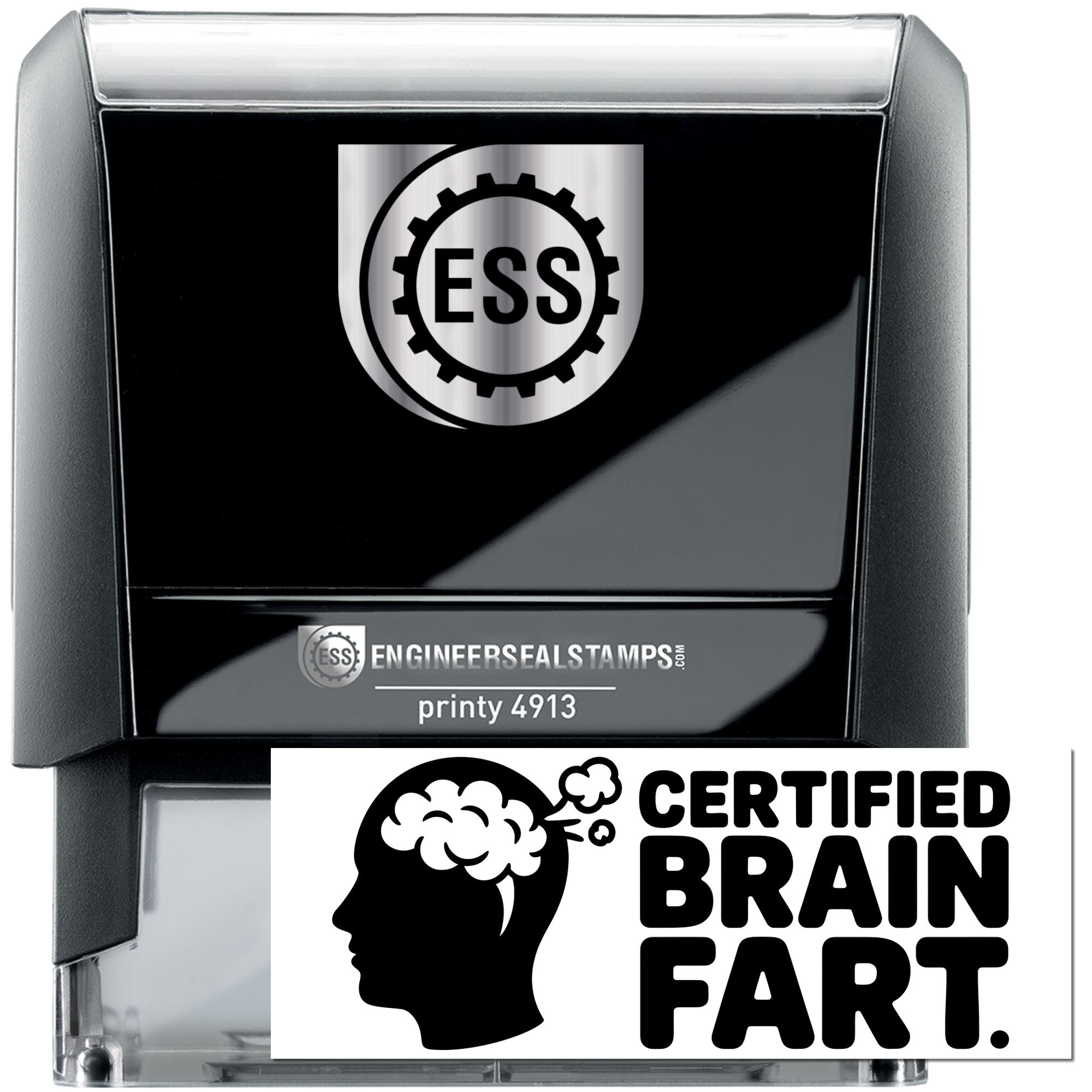 Black self-inking ESS engineer seal stamp with silver top, showing Certified Brain Fart imprint.