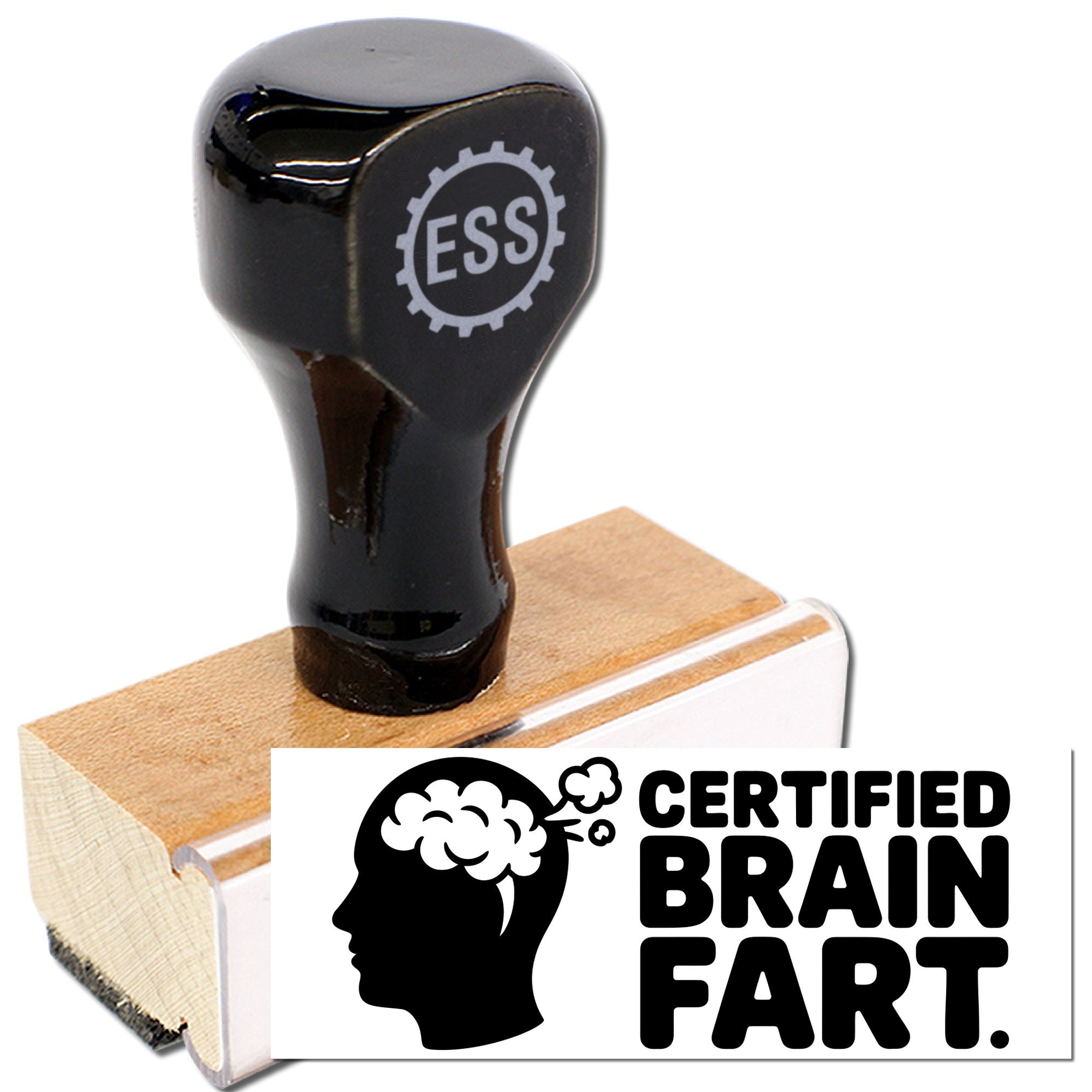 Black rubber stamp and seal with wooden base, showing an ESS gear logo and Certified Brain Fart imprint.